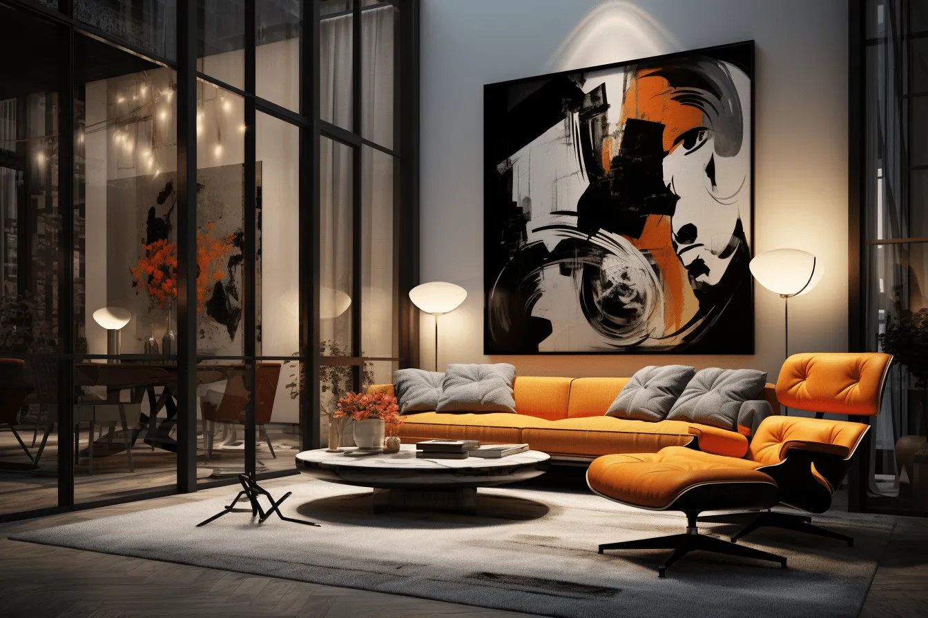 Modern living room with an orange couch and black chandelier, digital art techniques, monochrome painting, 8k resolution, lyco art, contemporary glass, dark colors, multi-layered