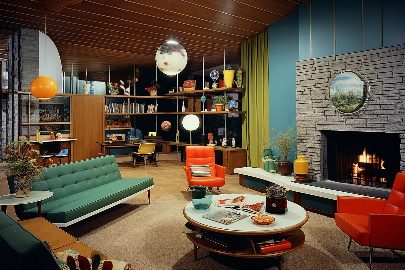Interior with couches and couches, midcentury modern, dark orange and dark cyan, photographically detailed portraitures, atomic era, mass-produced objects, suspended/hanging, light green and amber