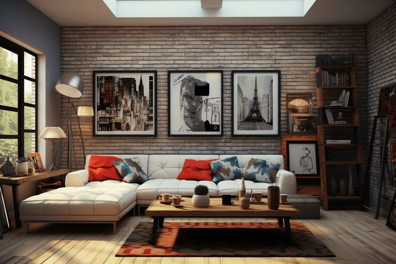 Living room for an urban living room, use of vintage imagery, vray, texture-rich canvases, lightbox, color splash, detailed world-building, retro-style