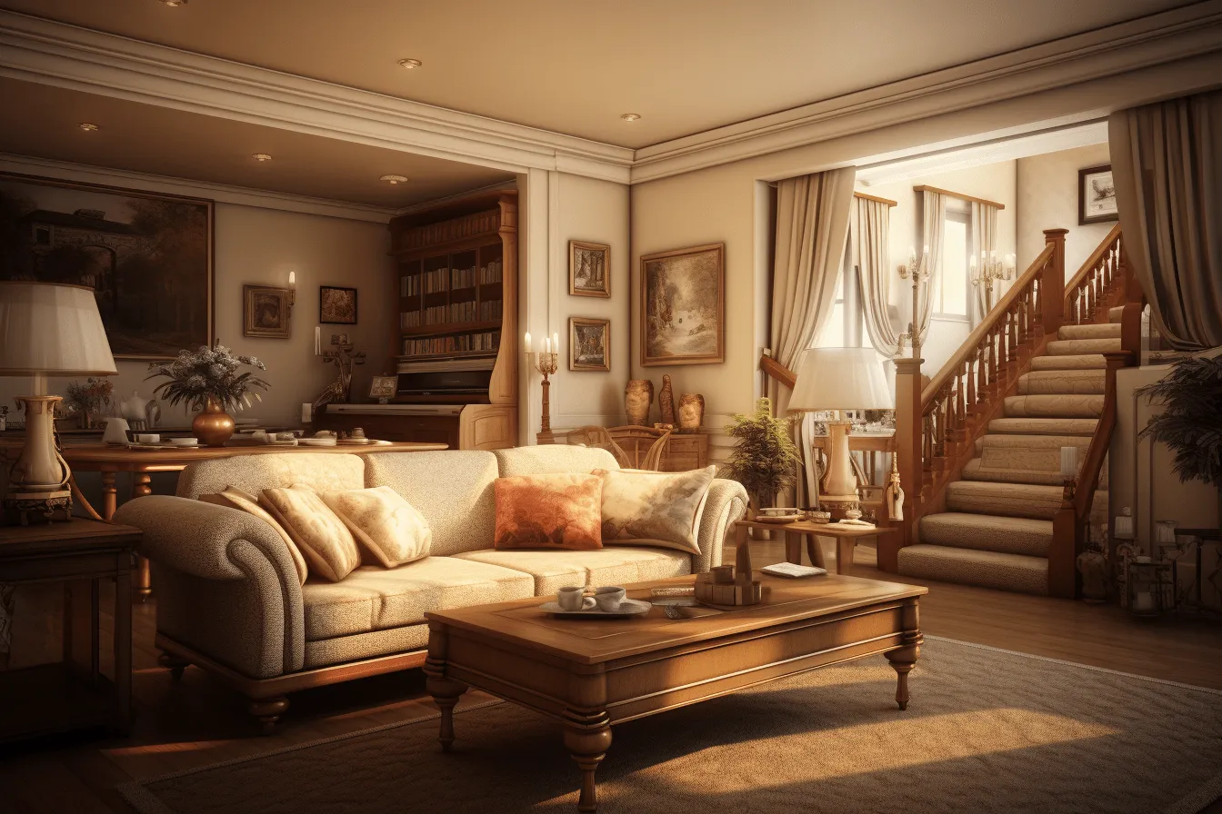 Living room lighting on the picture, vray tracing, classical architectural details, golden light, rendered in maya, light orange and light amber, layered depth, depth of layers