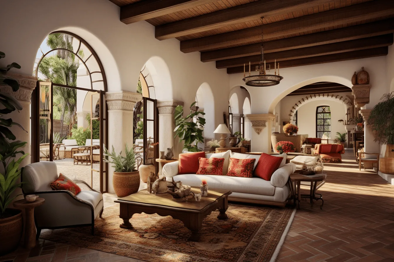 Living room looks like it belongs in a tv show, mediterranean-inspired, daz3d, arched doorways, traditional mexican style, red and bronze, soft renderings, realistic hyper-detailed rendering