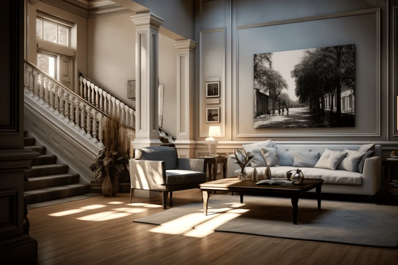 Living room image of a beautiful old mansion, vray tracing, monochromatic mastery, 32k uhd, american scene painting, rich and tonal, urban-inspired, sunrays shine upon it