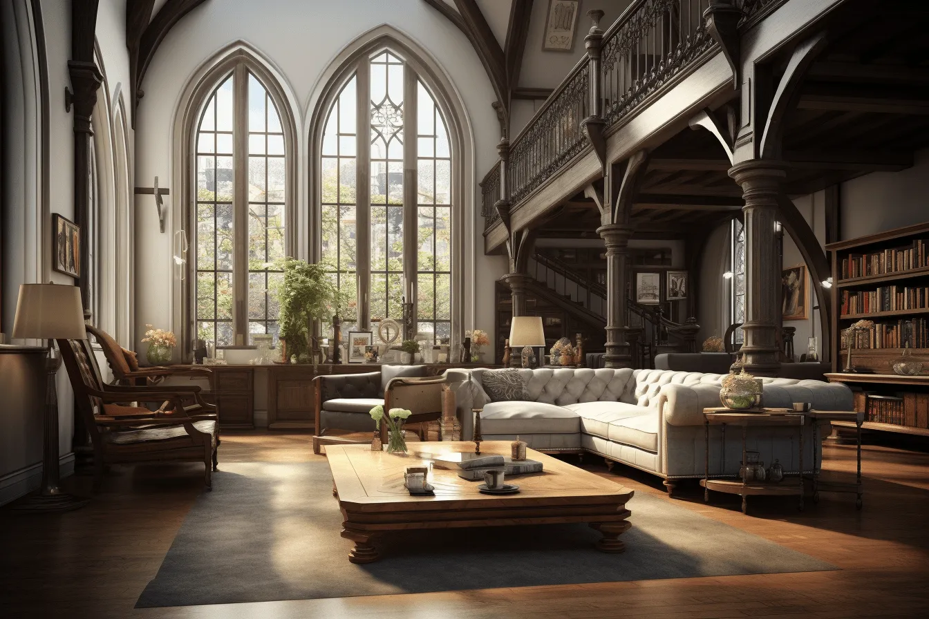 Living room with window and large windows, gothic architecture, ray tracing, 19th century, detailed realism, timeless artistry, weathercore, authentic details