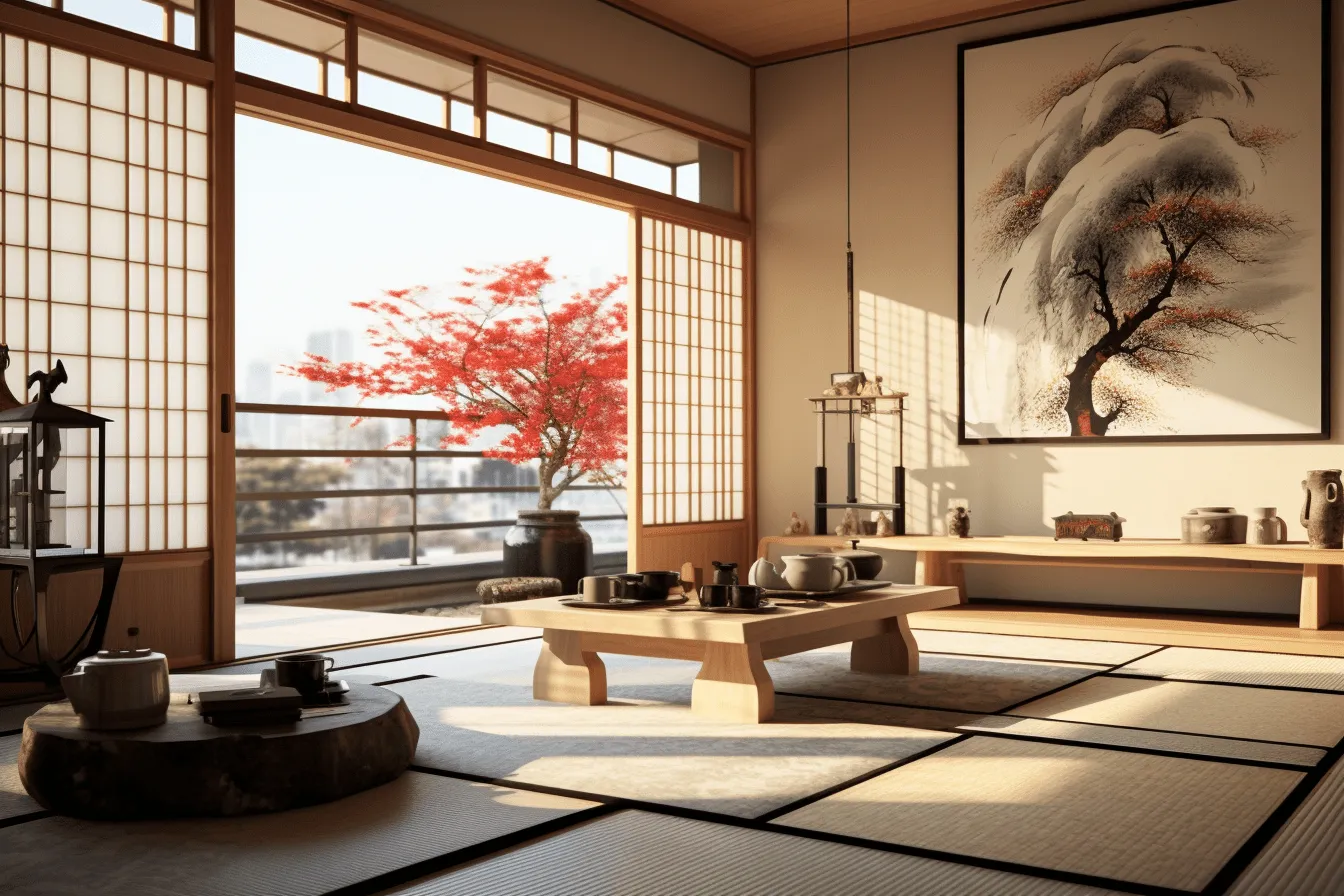 This is a room in a house, japanese-inspired imagery, vray tracing, uhd image, rendered in maya, reverent and tranquil, red and amber, vibrant airy scenes