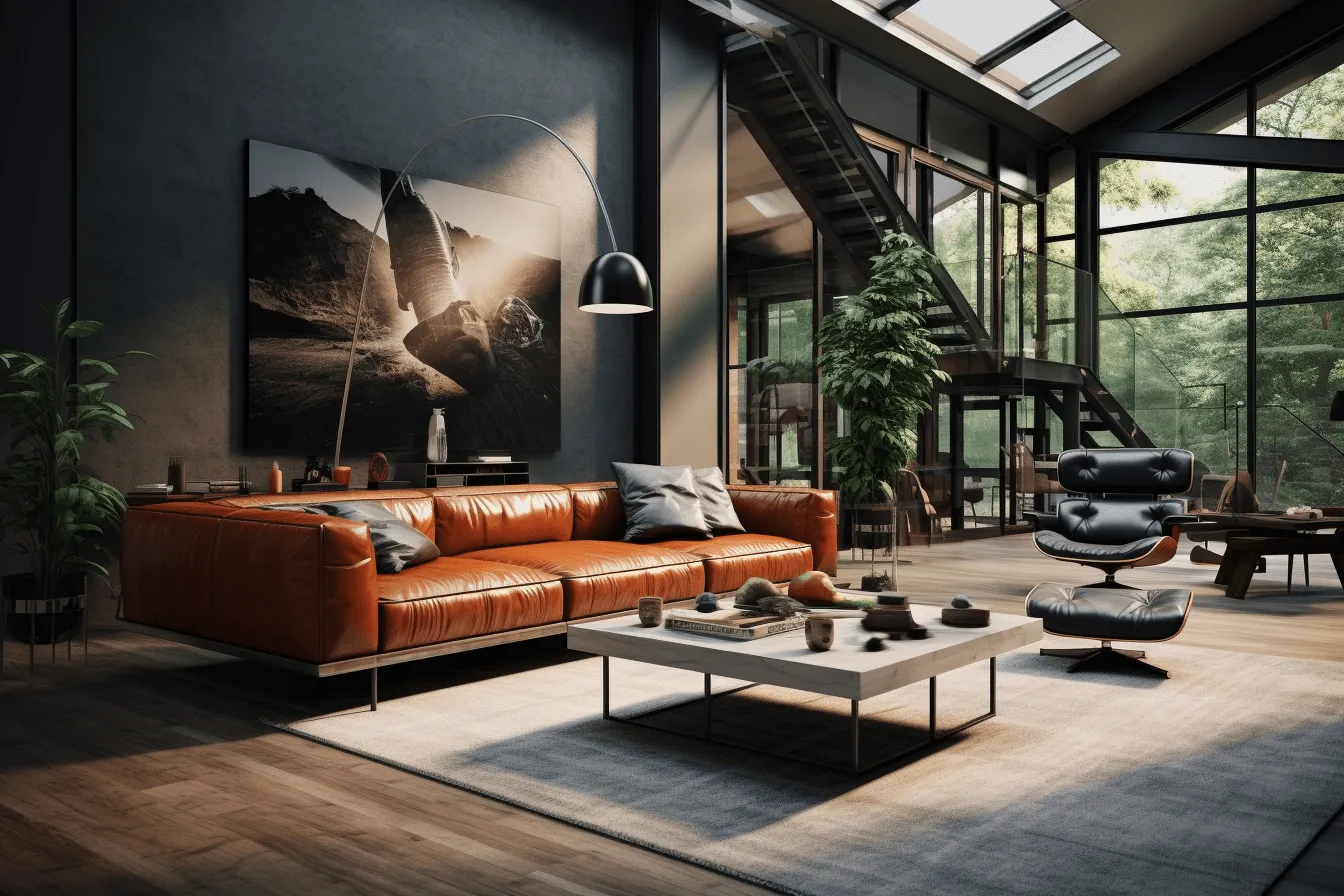Apartment with large plexi glass windows and a brown leather couch, daz3d, industrial paintings, dark orange and silver, nature inspired, high quality photo, meticulously detailed, bold and angular