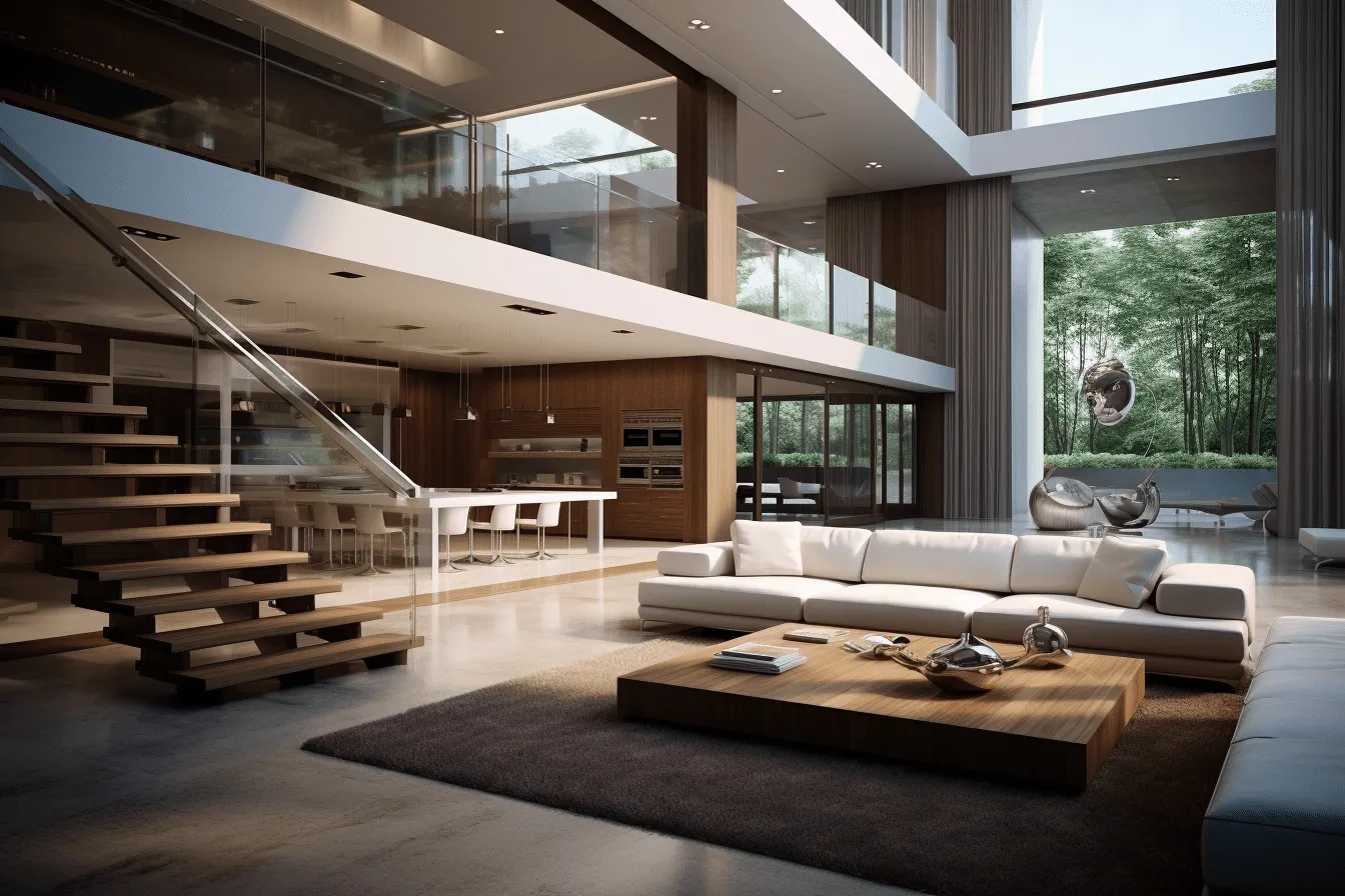 Open living room with glass walls, realistic hyper-detailed rendering, multilayered
