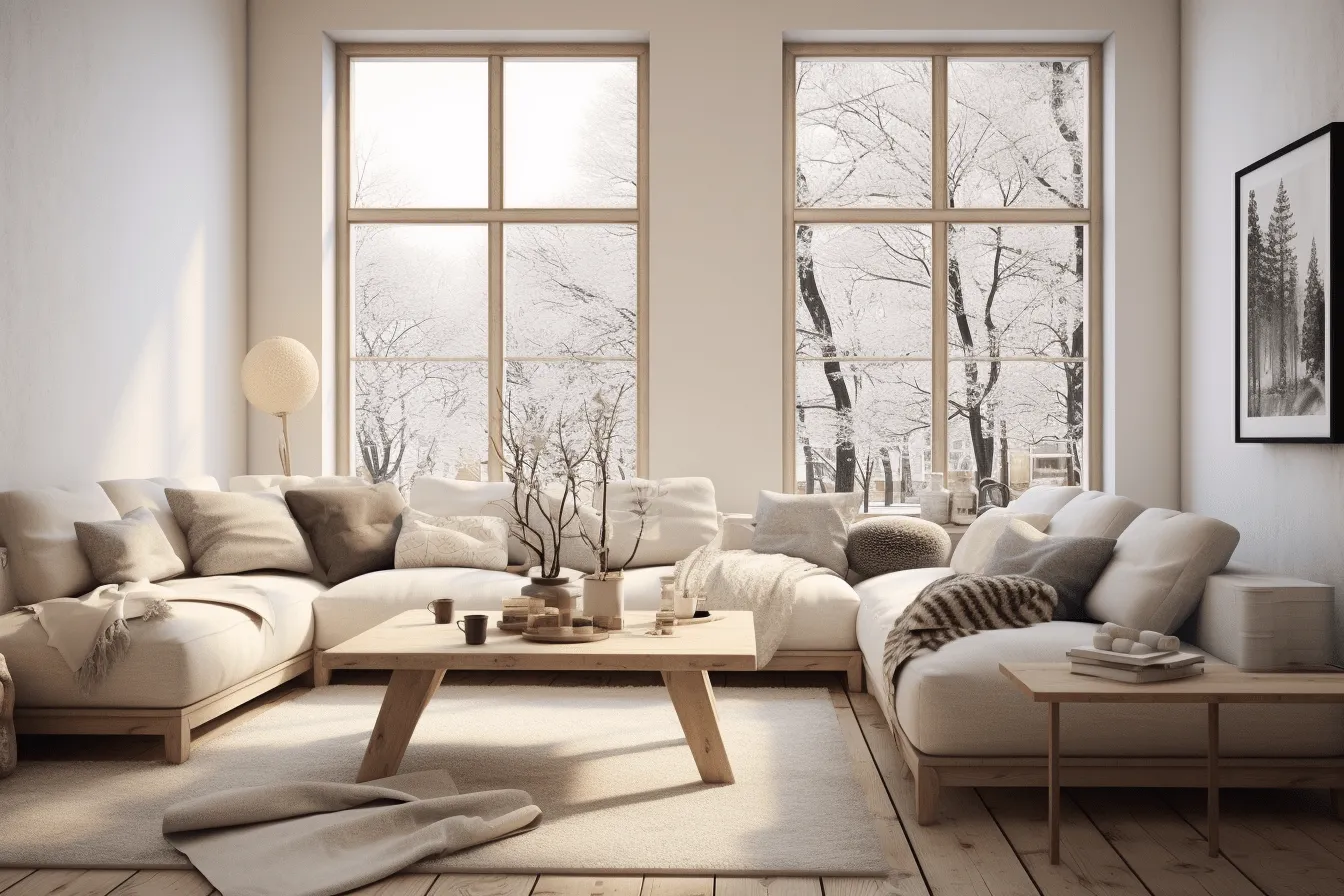 Living room in a snowy decor with white and beige walls, windows vista, warmcore, weathercore, rendered in maya, serene mood