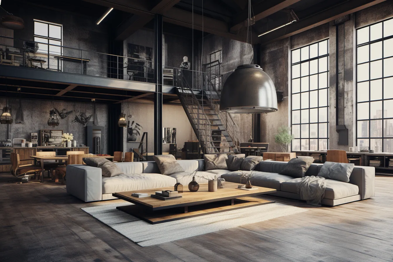 Industrial loft floor plan, moody and tranquil scenes, use of earth tones, oversized objects, made of wrought iron, ray tracing, dark and brooding designer, highly staged scenes