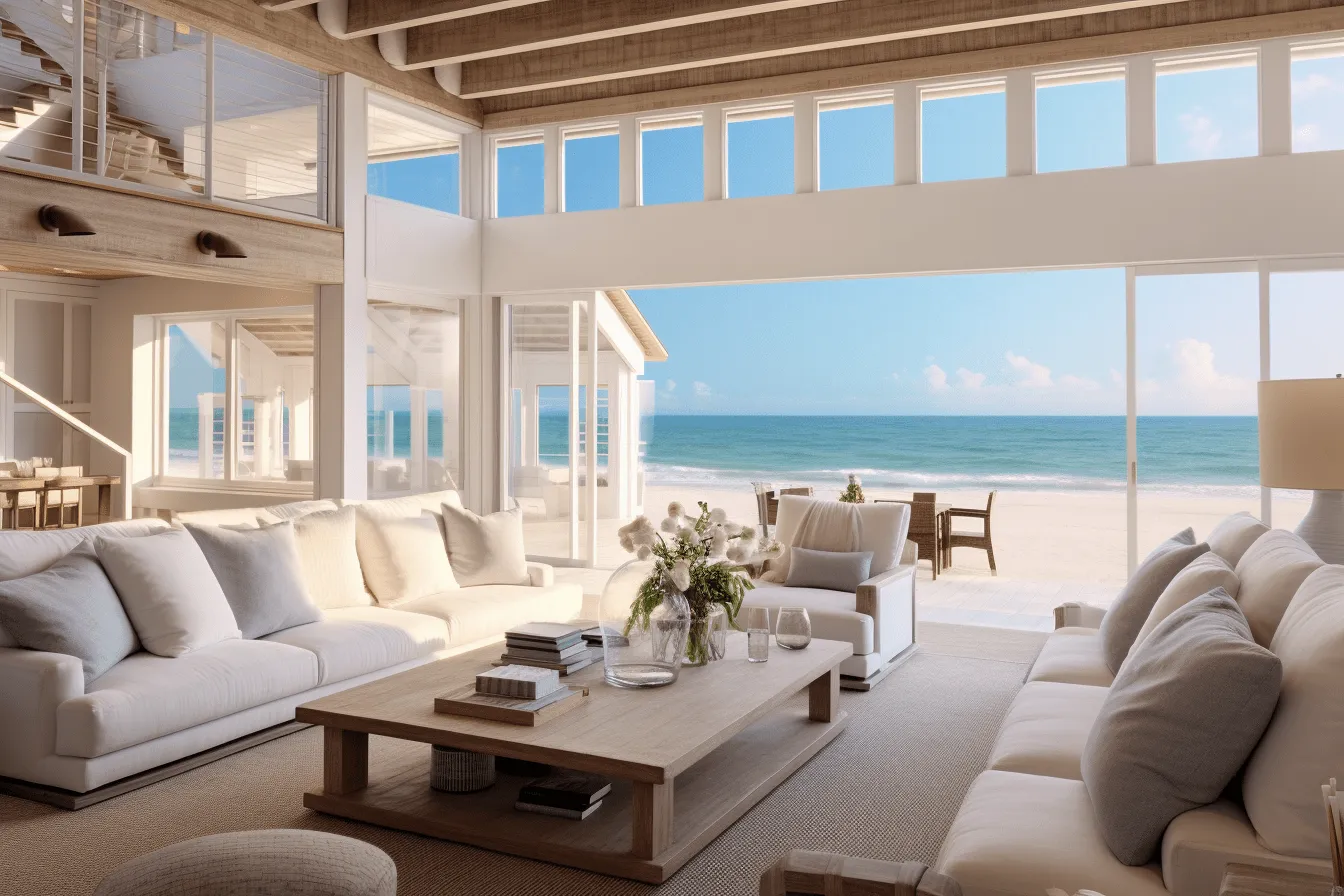 Living room in an open concept home on the beach, realistic rendering, secluded settings, light beige and white, en plein air beach scenes, weathercore, windows vista, horizons