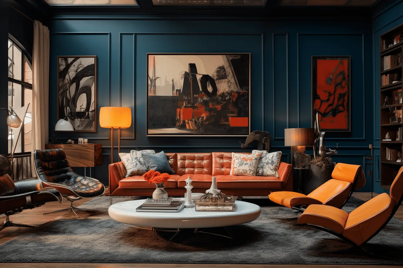 Living room with blue walls, dark orange and dark azure, realistic and hyper-detailed renderings, vintage sci-fi, rich and immersive, bold contrast and textural play, meticulously detailed, luxurious