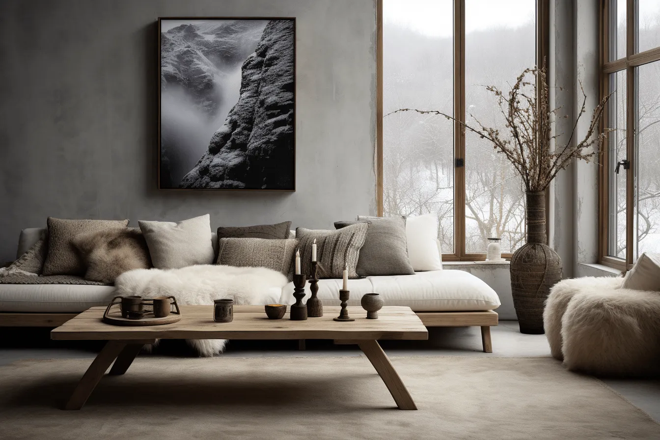 Modern living room  flora, snow scenes, realistic and naturalistic textures, norwegian nature, monochromatic sculptor, dark beige, high quality photo, mountainous vistas