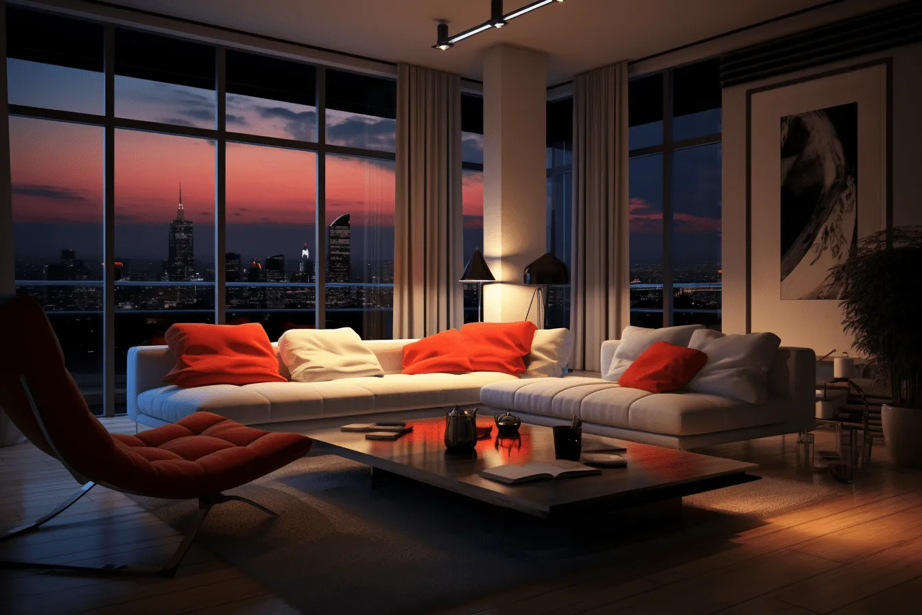 Living room with a fireplace, grandiose cityscape views, daz3d, red and orange, backlight, tranquil serenity, dark white and white, sigma 105mm f/1.4 dg hsm art