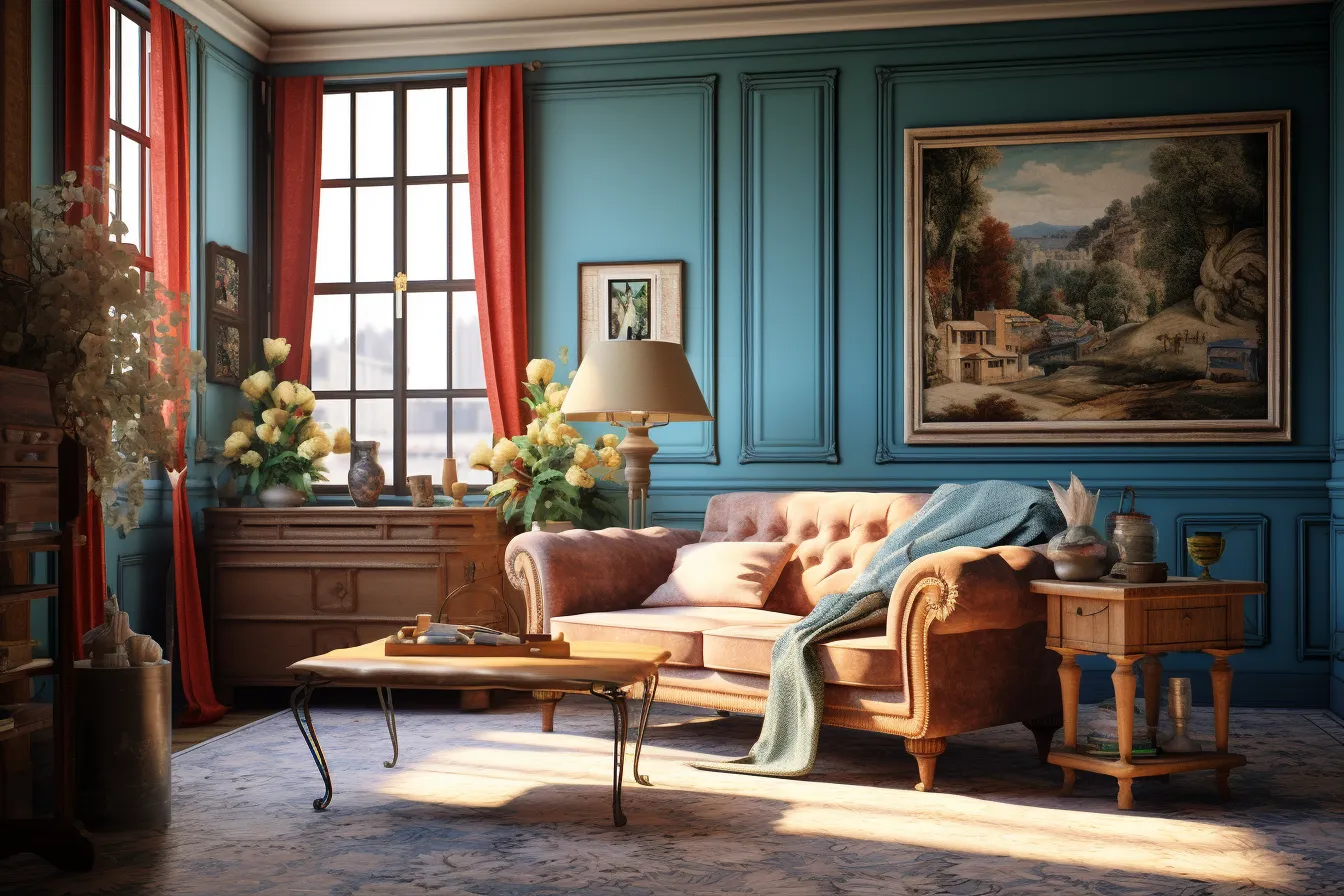 Sitting room with two sofas and chairs, highly detailed environments, retro visuals, hyper-realistic oil, dark crimson and sky-blue, classical style, vray, nostalgic scenes