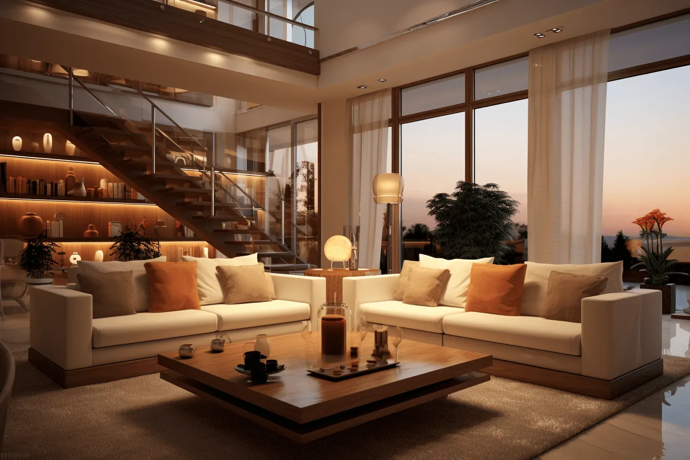 Wooden ceiling in a living room, light beige and light amber, moody and tranquil scenes, delicately rendered landscapes, contemporary glass, realistic chiaroscuro lighting, orange and beige, highly staged scenes