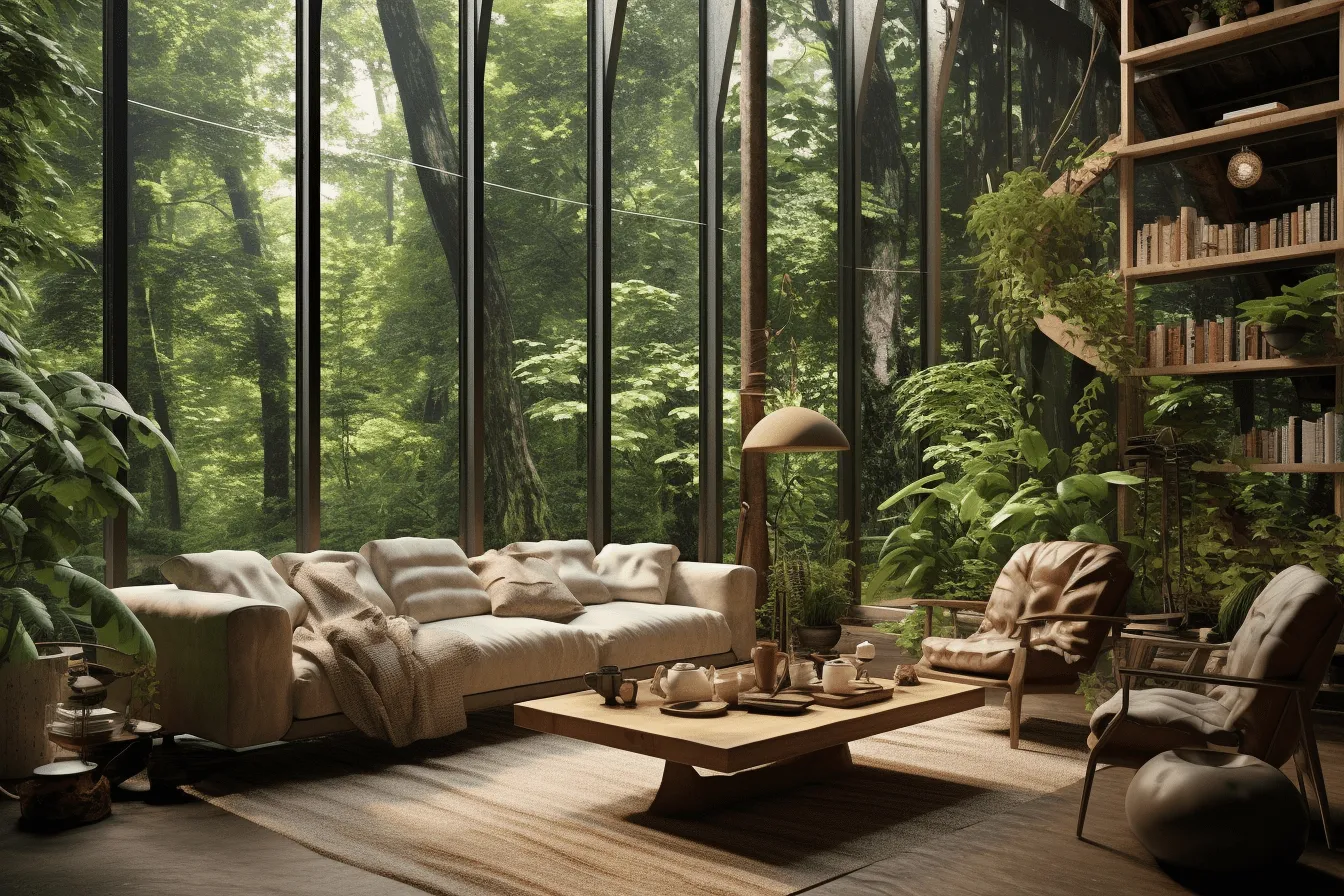 Living room with lots of windows and plants, dreamlike naturaleza, atmospheric woodland imagery, vray tracing, outdoor scenes, beige, monumental vistas, meticulous design