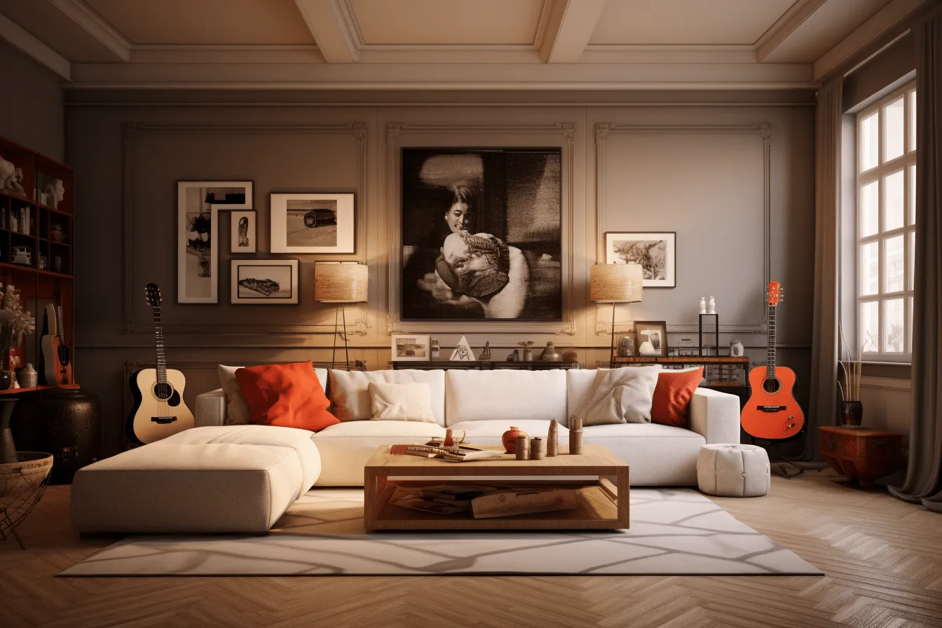 Gray living room with white furniture and a guitar and guitar stand, dark beige and orange, realistic anamorphic art, vignettes of paris, light beige and red, 32k uhd, exquisite lighting, retro feel