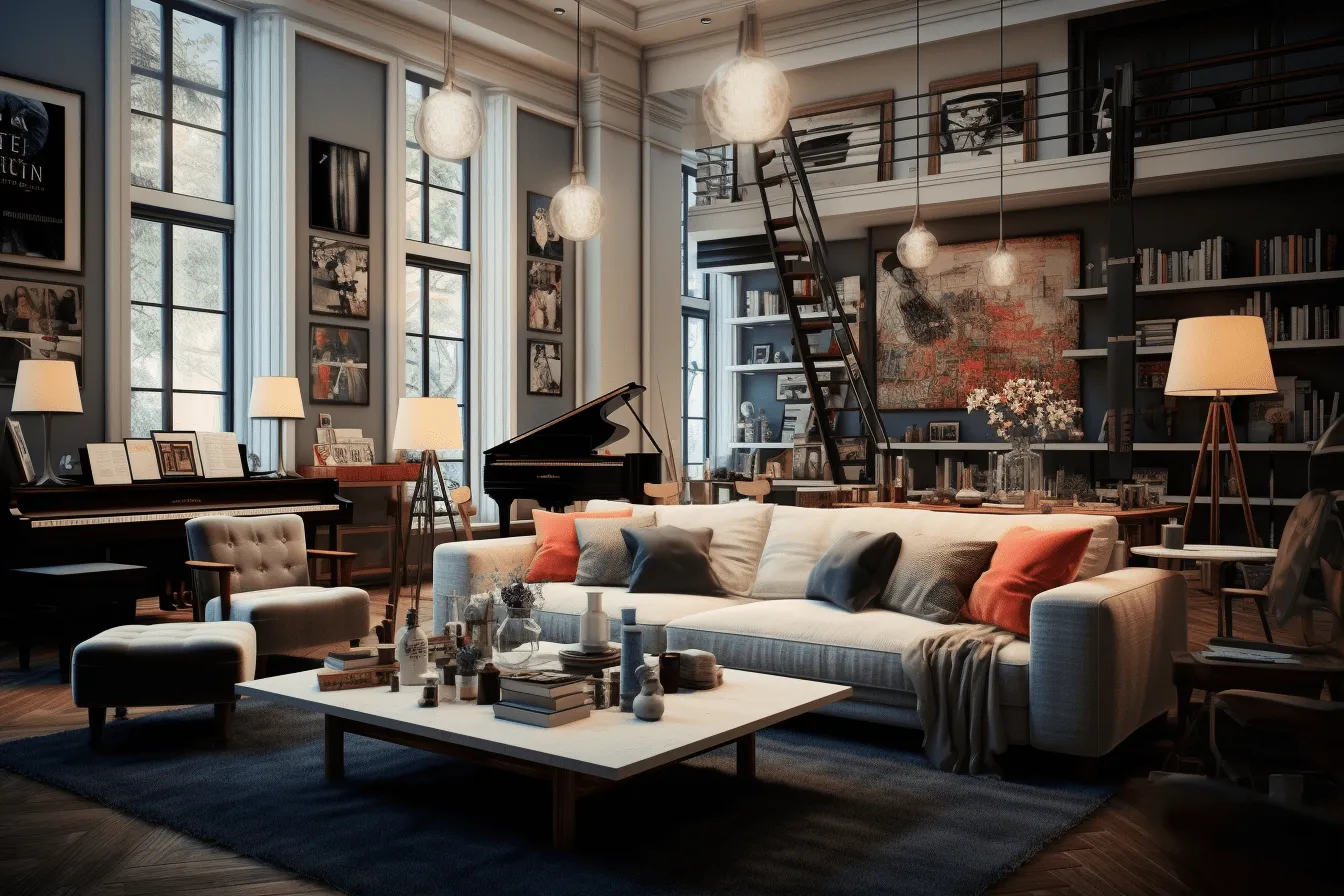 Very large living room with many couches and a piano, photorealistic urban scenes, unreal engine 5, eye-catching, moody and atmospheric, vintage-inspired, vray, light navy and orange