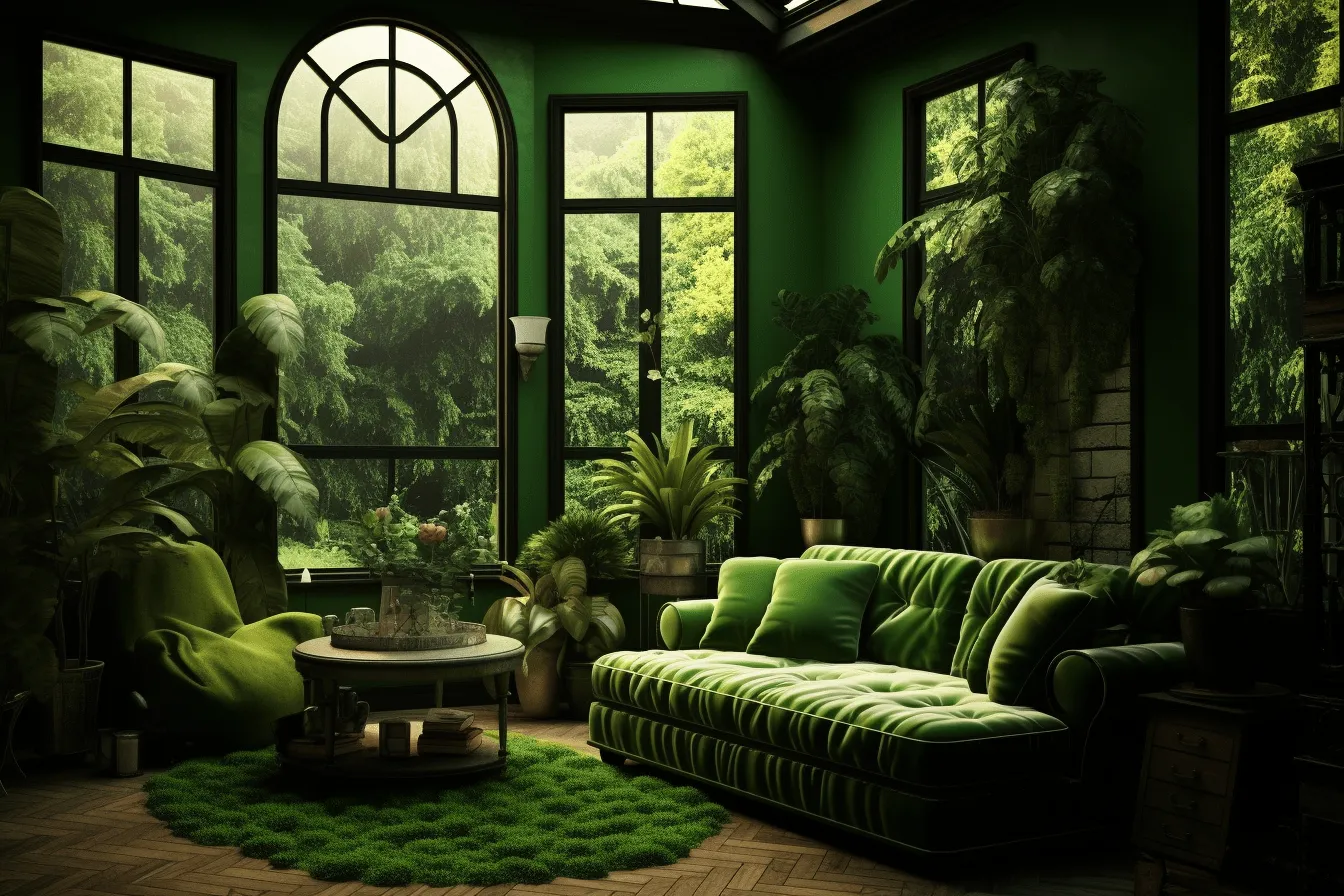 Mossy room with green plants and a cozy couch, neoclassical themes, mysterious jungle, windows vista, monochromatic color scheme, bold structural designs, tranquil gardenscapes, solarizing master