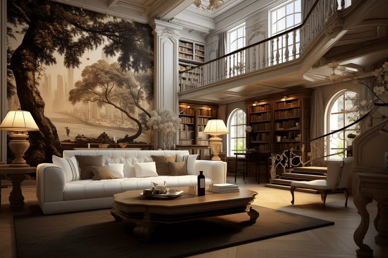 Large staircase is next to a book shelf, classical motifs and themes, hyperrealistic landscapes, dark white and amber, lifelike renderings, intricate ceiling designs, wallpaper, classical architecture