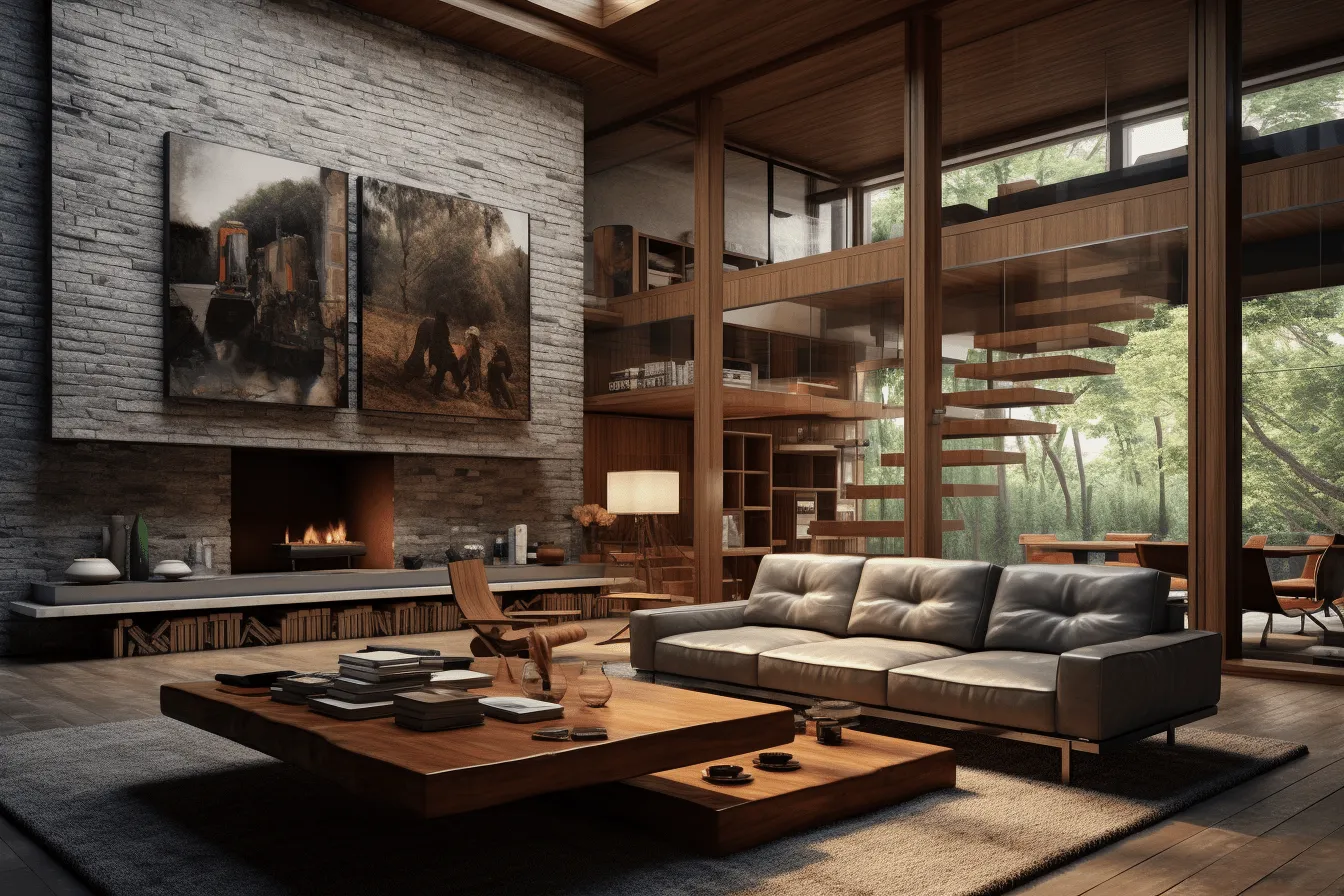 3d modern living room interior design, atmospheric woodland imagery, naturalistic renderings, mesoamerican influences, rendered in unreal engine, use of traditional japanese artistic techniques, monumental vistas, wood