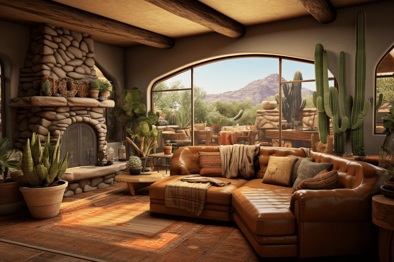Living room is open with a leather sofa, fictional landscapes, desertwave, 32k uhd, depiction of rural life, windows vista, adventure themed, rusticcore