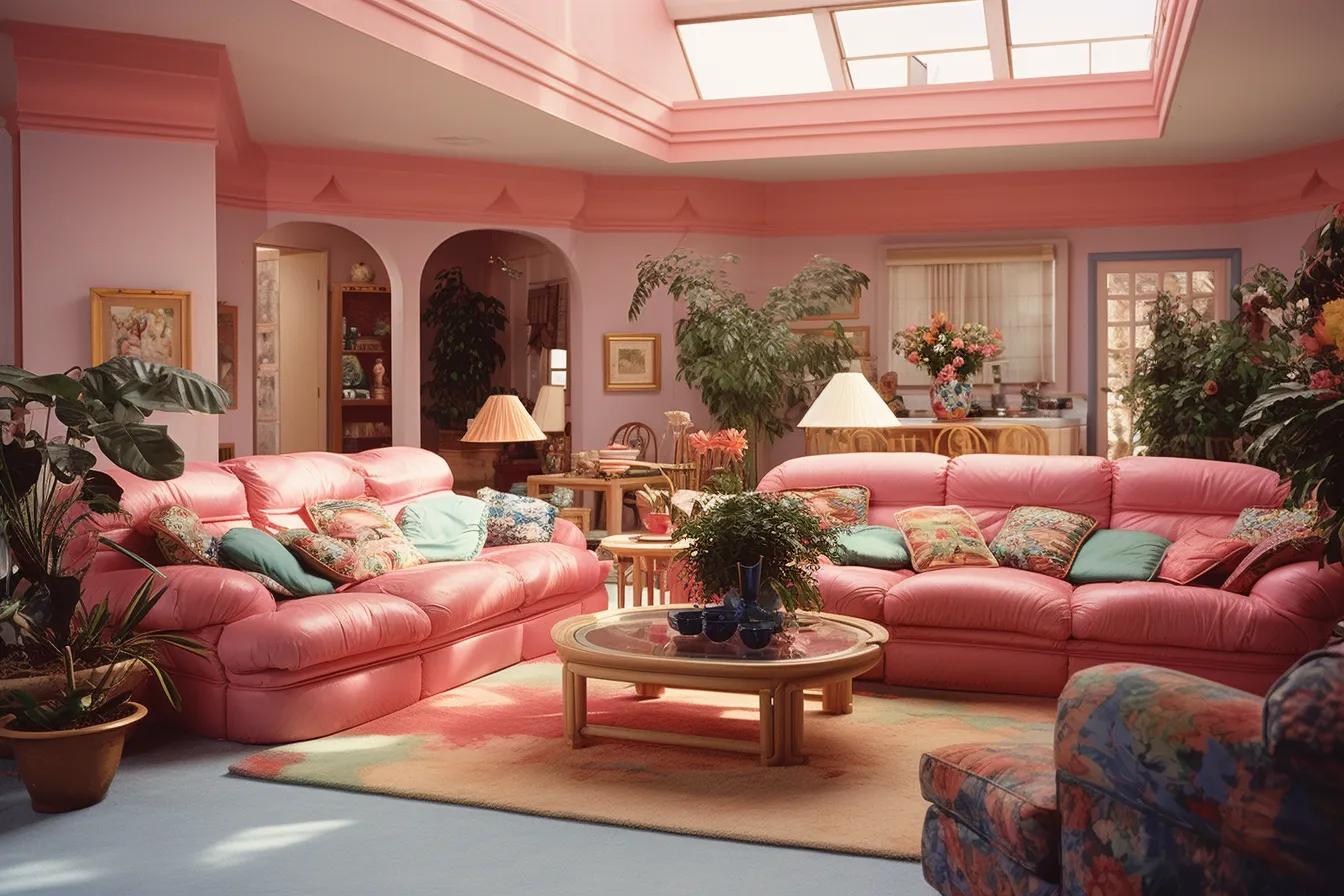 Living room is pink, neo-geo, solarization effect