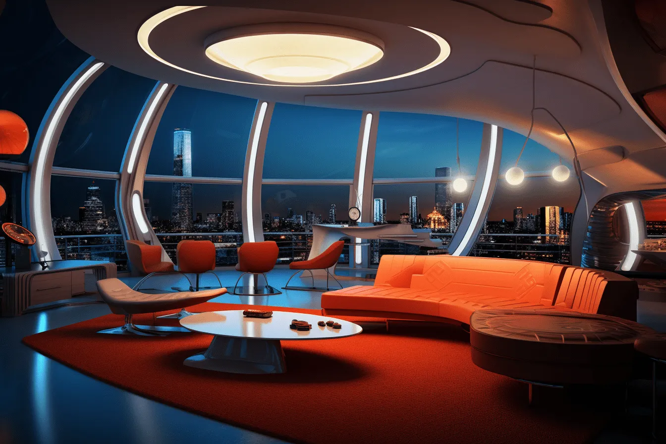 Modern room with a couch, futuristic spacecraft design, elegant cityscapes, dark orange and white, neon lighting, dramatic vistas, , comic book-like