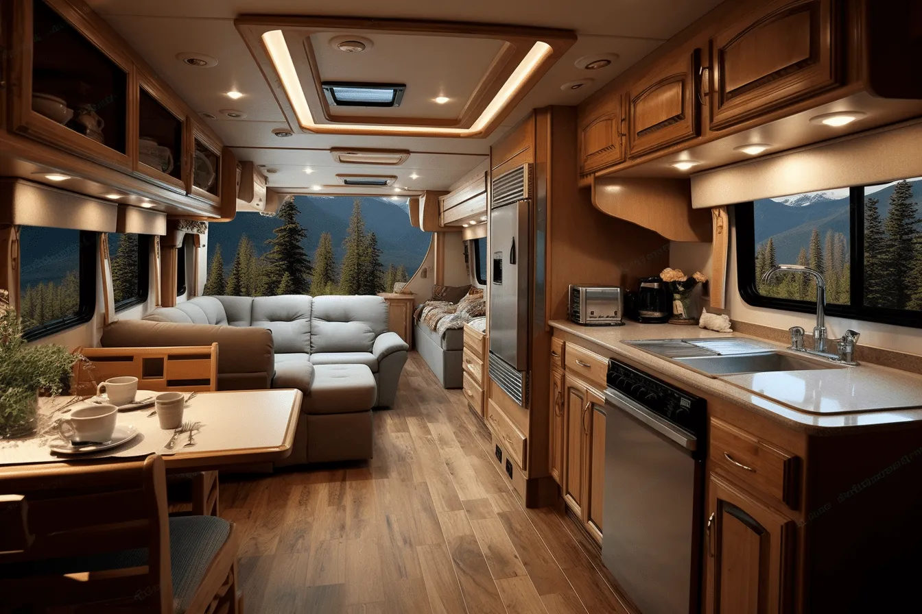 Interior view of a luxury motor home kitchen with white appliances, mountainous vistas, realistic chiaroscuro lighting, classic american cars, minimalist staging, light brown and gray, highly staged scenes, outdoor scenes