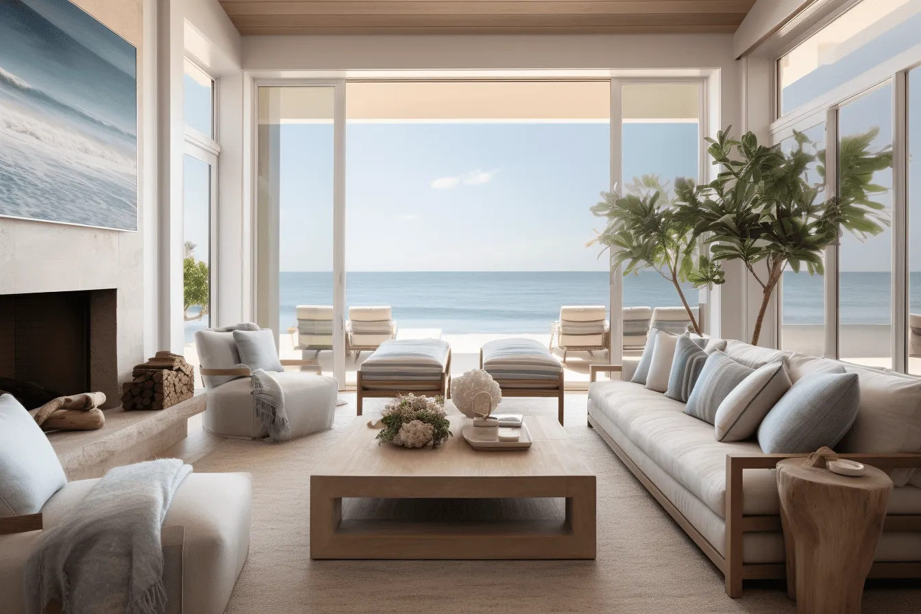 Room with couches, a tv, and ocean view, photorealistic renderings, light indigo and light beige, en plein air beach scenes, rich and immersive, naturalistic renderings, weathercore, subtle tonal range