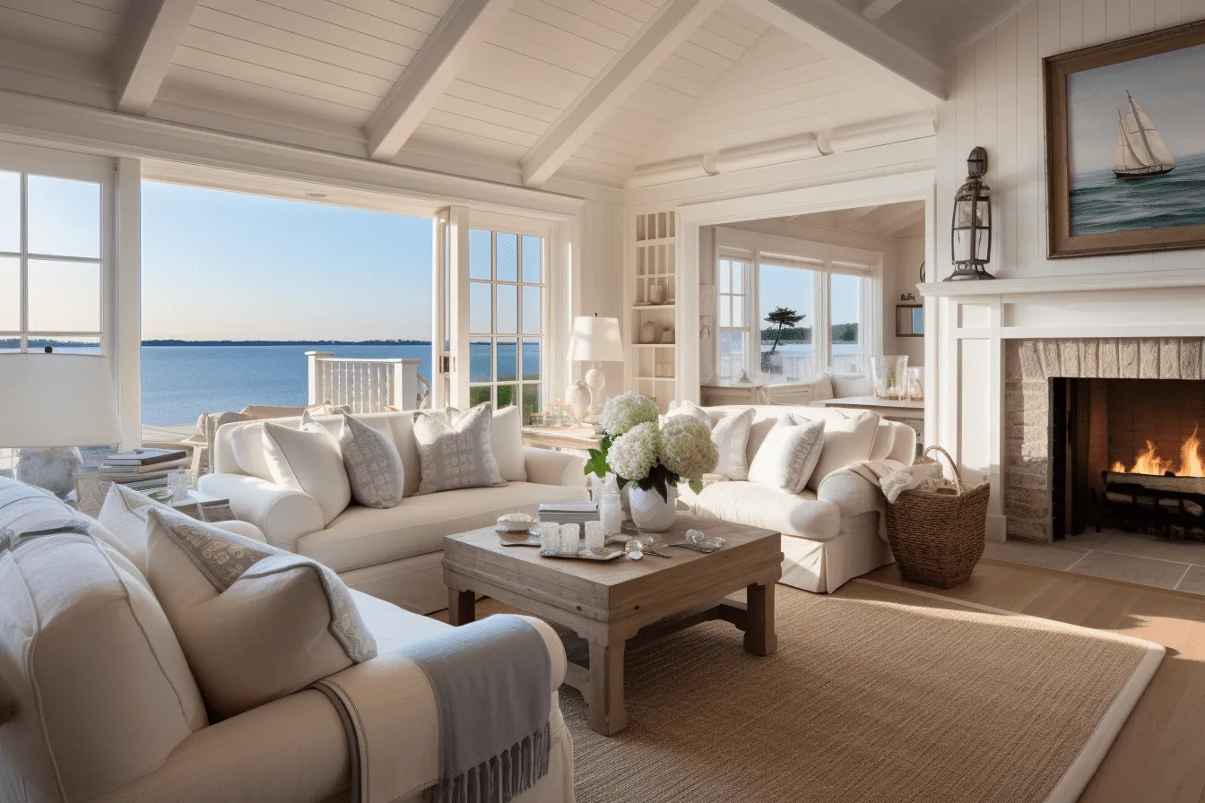 Large white furniture and fireplace next to the ocean, neotraditional, captivating harbor views