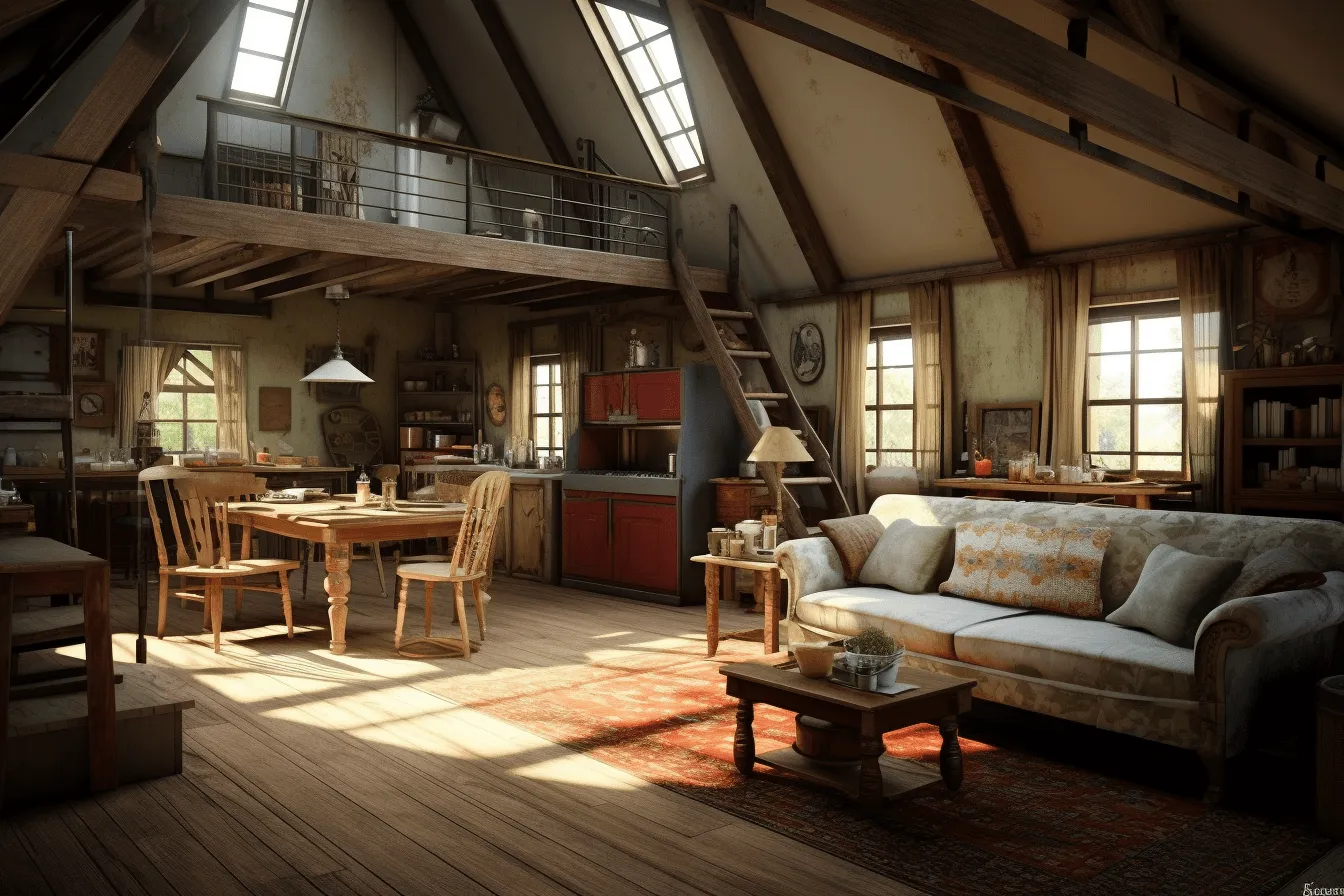 Living room of an attic room, unreal engine 5, depiction of rural life, post-world war ii school of paris, vray, light red and amber, dutch marine scenes, natural