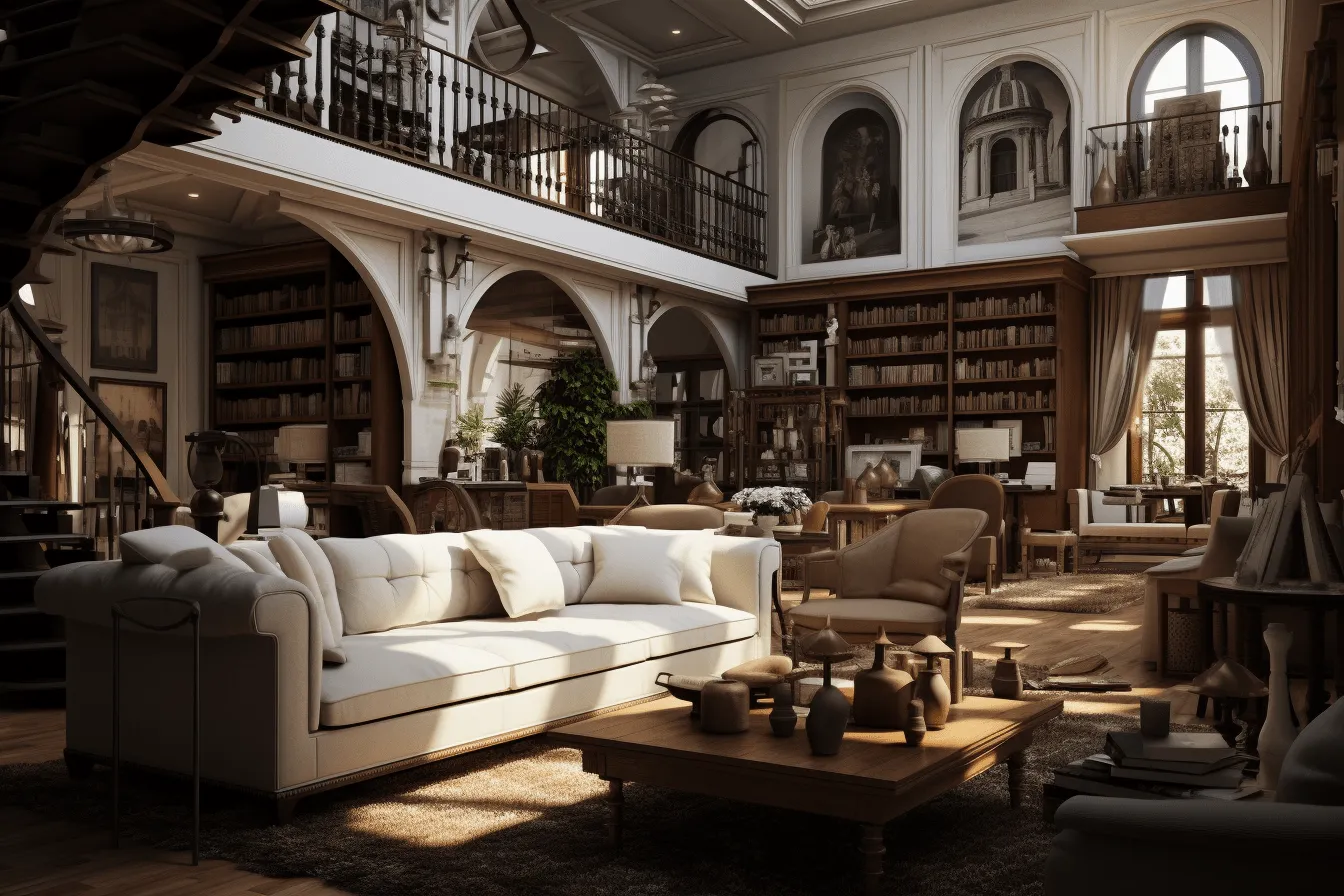 Style interior with wooden floors, bookshelves, unreal engine 5, florentine renaissance, 32k uhd, unreal engine, timeless artistry, realistic interiors, mediterranean-inspired