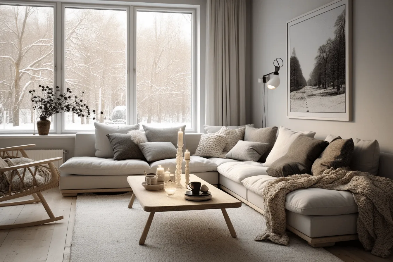 Home, living room, fireplaces, vray tracing, snow scenes, monochromatic harmony, danish golden age, soft light, zeiss milvus 25mm f/1.4 ze., soft, dreamy scenes