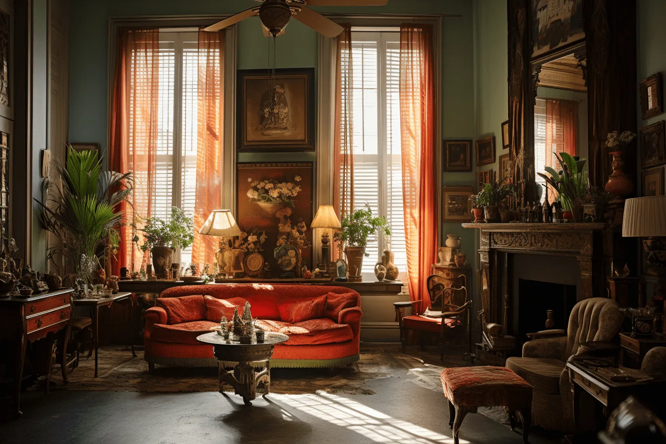 Small living room with an orange couch, southern gothic, anamorphic lens flare, old masters, wealthy portraiture, green and crimson, cinematic elegance, historical imagery
