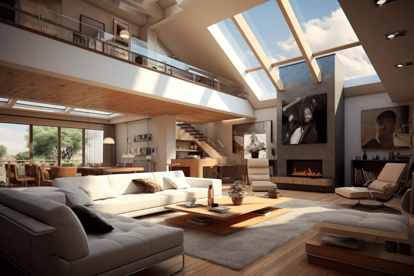 Large living room in a modern home, realistic and hyper-detailed renderings, sunrays shine upon it, zeiss milvus 25mm f/1.4 ze., weathercore, atmospheric, multi-layered, angular