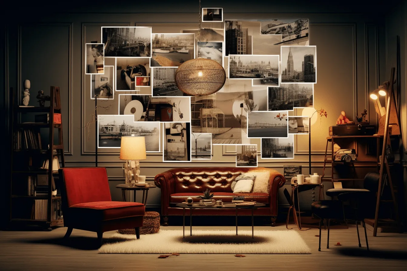 Room full of black and white photos and paintings, dark red and light brown, 32k uhd, nostalgic imagery, advertisement inspired, light amber and red, vintage-inspired designs, multilayered