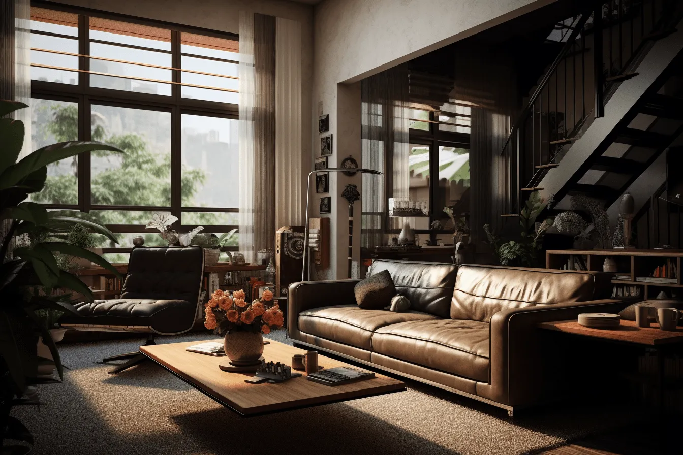 Very upscale living room with stairs on the wall, unreal engine 5, industrial urban scenes, brown and amber, romanticized nature, leather/hide, lush and detailed, contrasting shadows