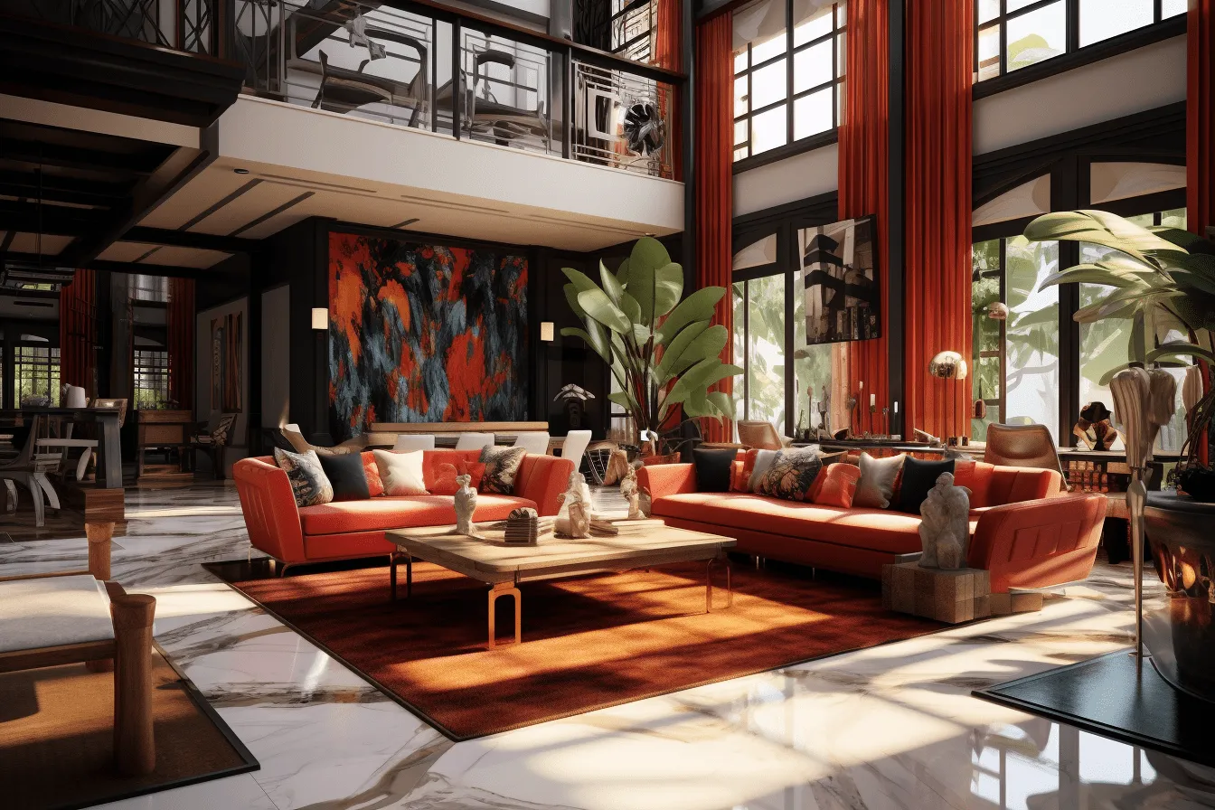 Living room that is decorated with furniture in red or orange colors, vray tracing, richly layered, exotic atmosphere, nature-inspired, grandeur of scale, urban industrialism, meticulous design