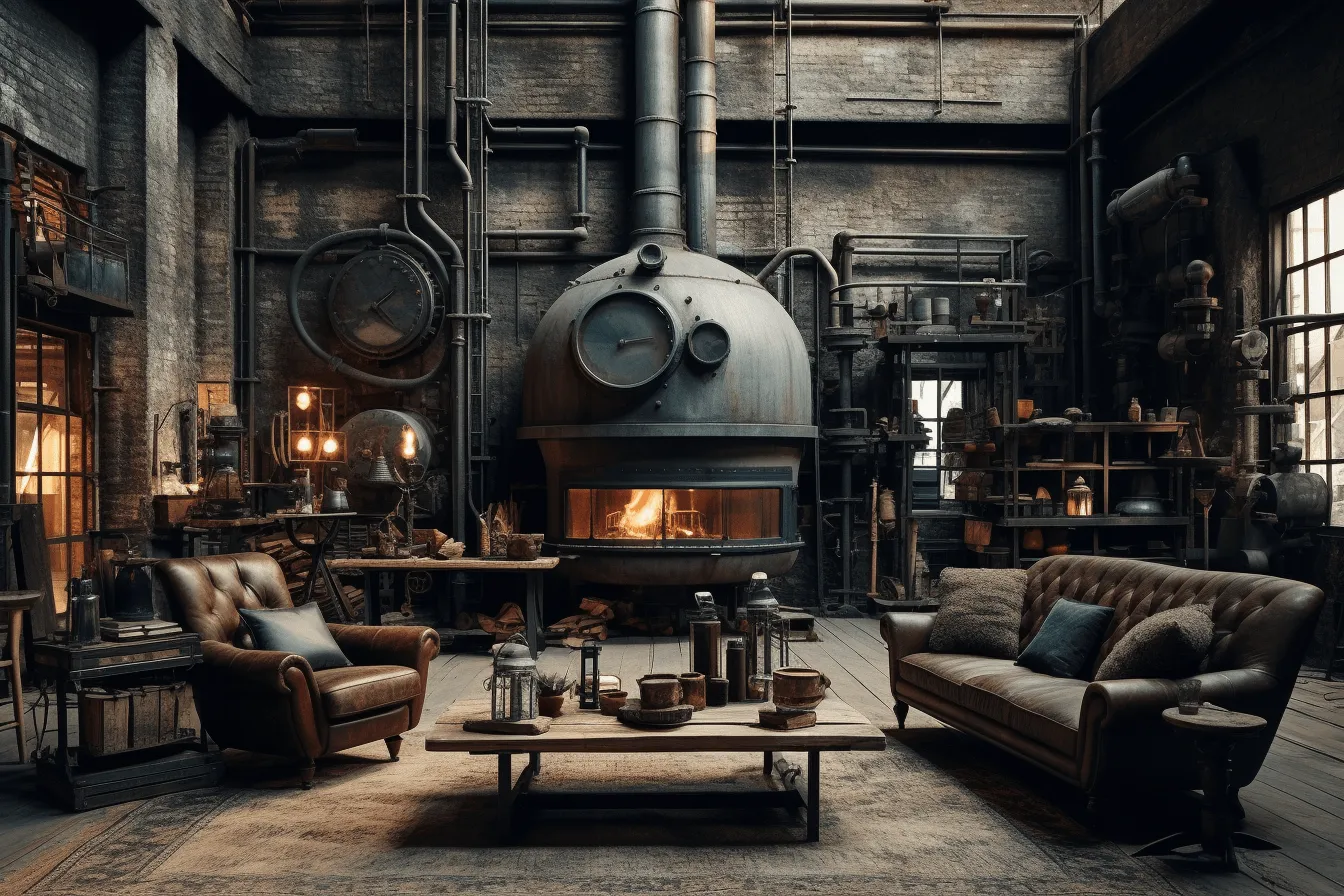 Living room that is decorated with wooden furniture in a steam punk style, industrial landscapes, ominous vibe, fujifilm pro 400h, dada-inspired constructions, , dark gray, rustic scenes