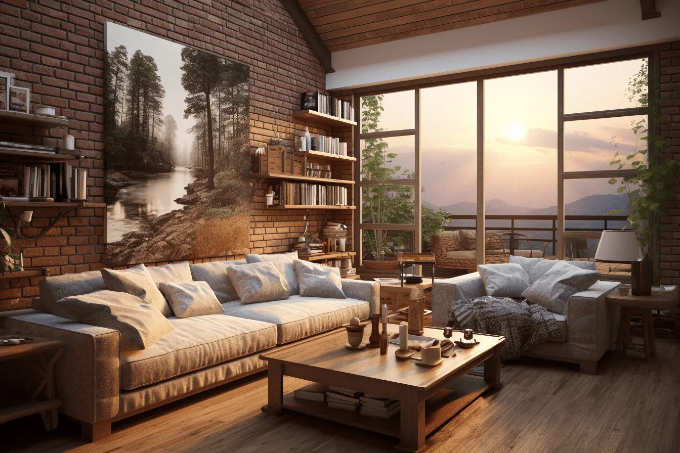 Room has a brick wall, nature painter, realistic hyper-detailed rendering, romanticized depictions of wilderness, serene and peaceful ambiance, tonalist color scheme, coastal and harbor views, hdr