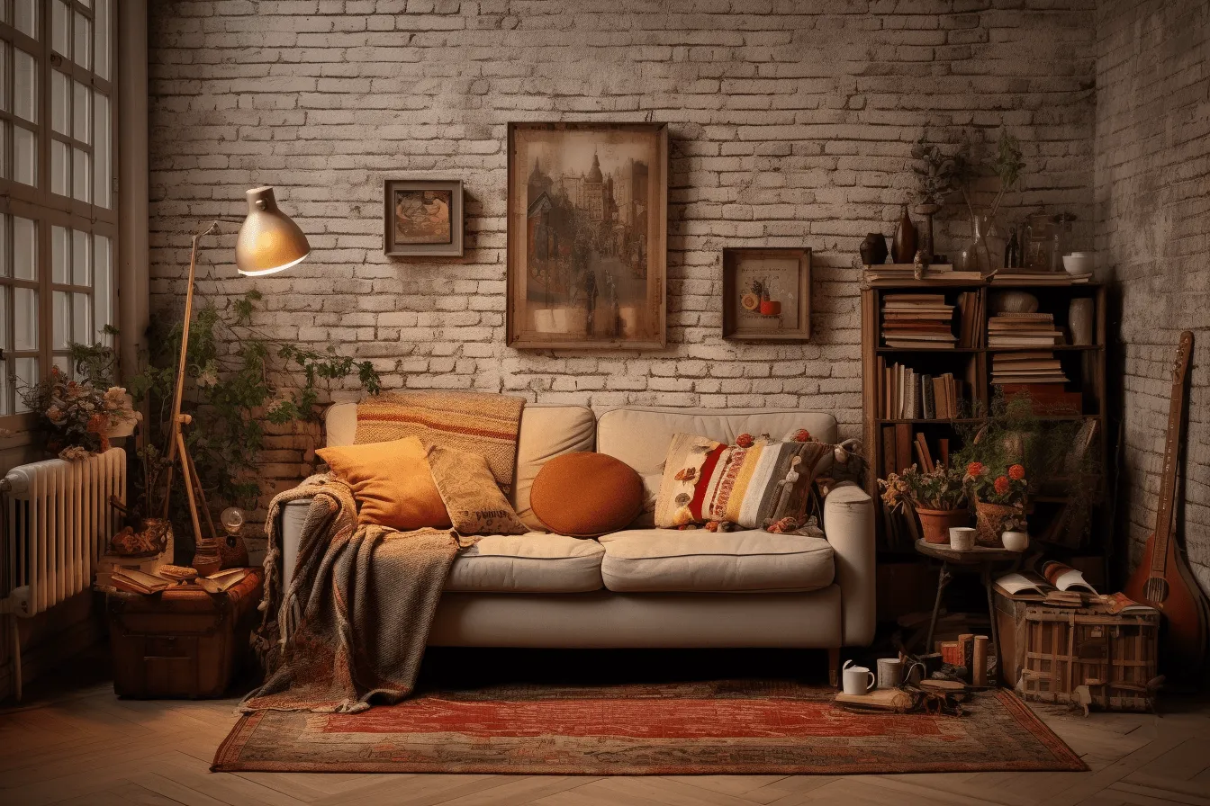 Brown couch sits against a brick wall with lots of plants, impressionistic lighting, light beige and orange, retro-style, illuminated interiors, dark white and orange, rug, yellow and beige