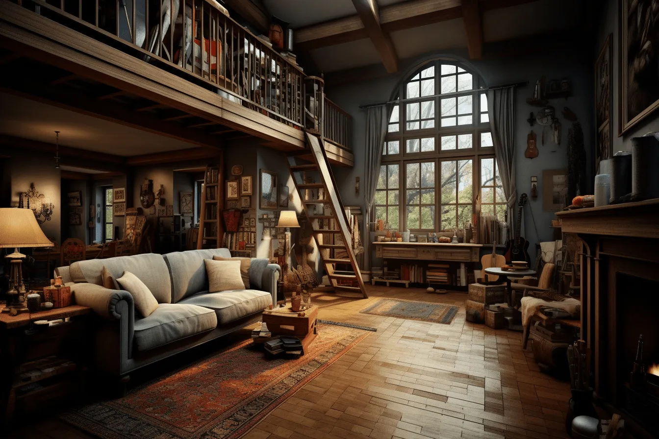 View of a living room that has a staircase, unreal engine 5, charming, idyllic rural scenes, eerily realistic, dutch and flemish, daz3d, cabincore, storybook-like