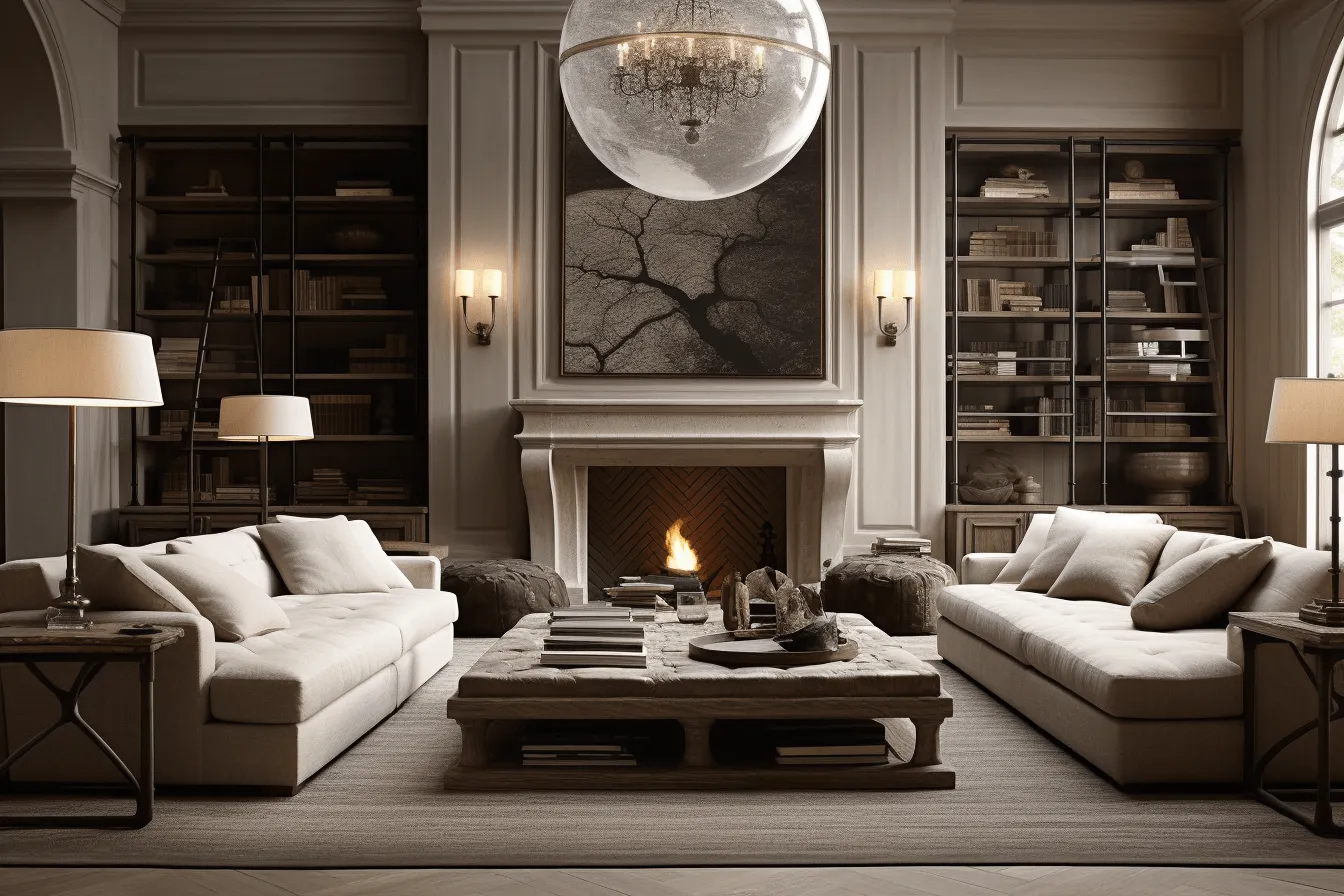 Living room with fireplace in the middle, global illumination, monochromatic elegance, neoclassical clarity, textured, layered surfaces, large-scale canvas, decorative artistry, tonalist