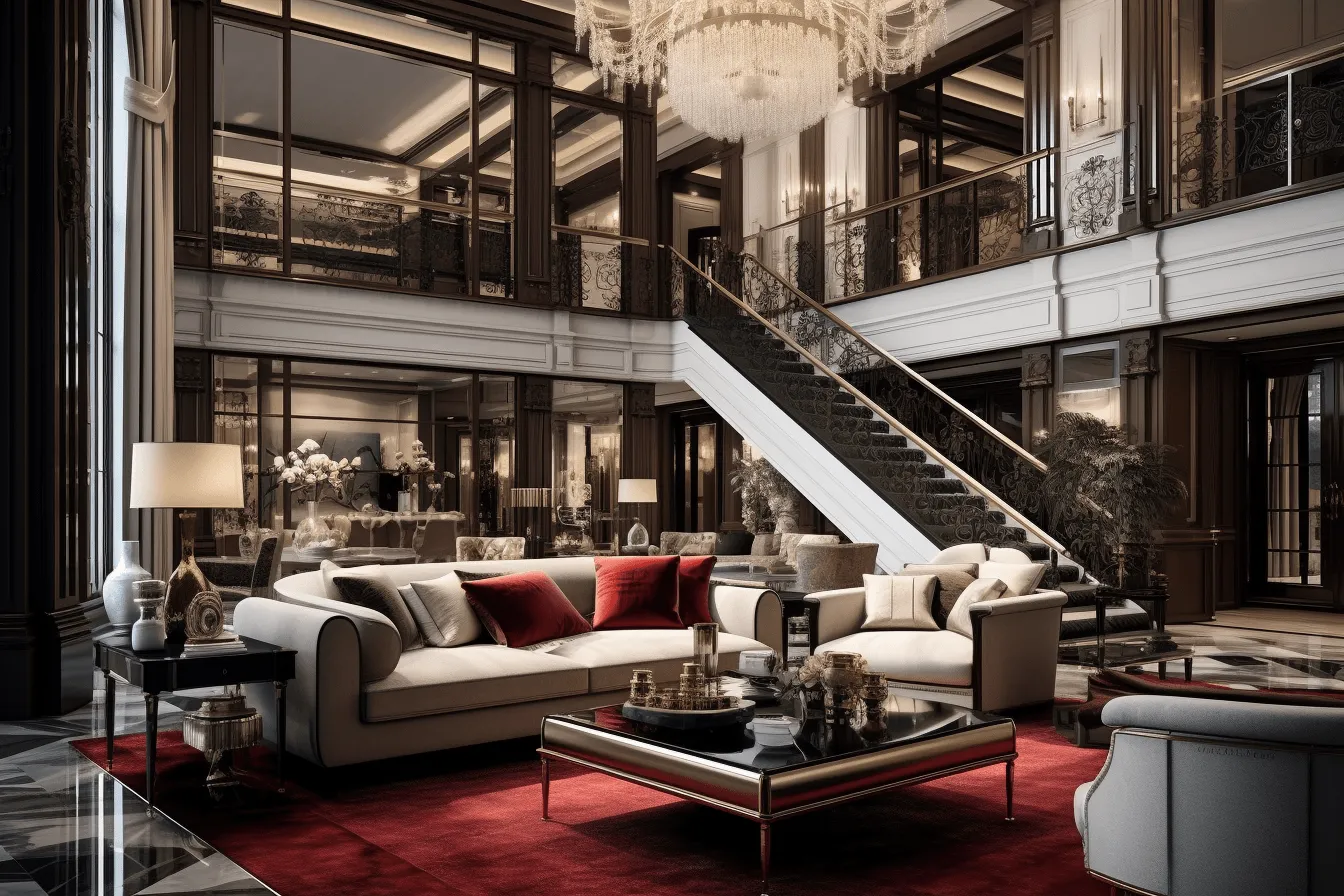 Living room with a large staircase, chandelier and couches, dark white and crimson, vray, wealthy portraiture, richly layered, reflections and mirroring, exquisite craftsmanship, iconic