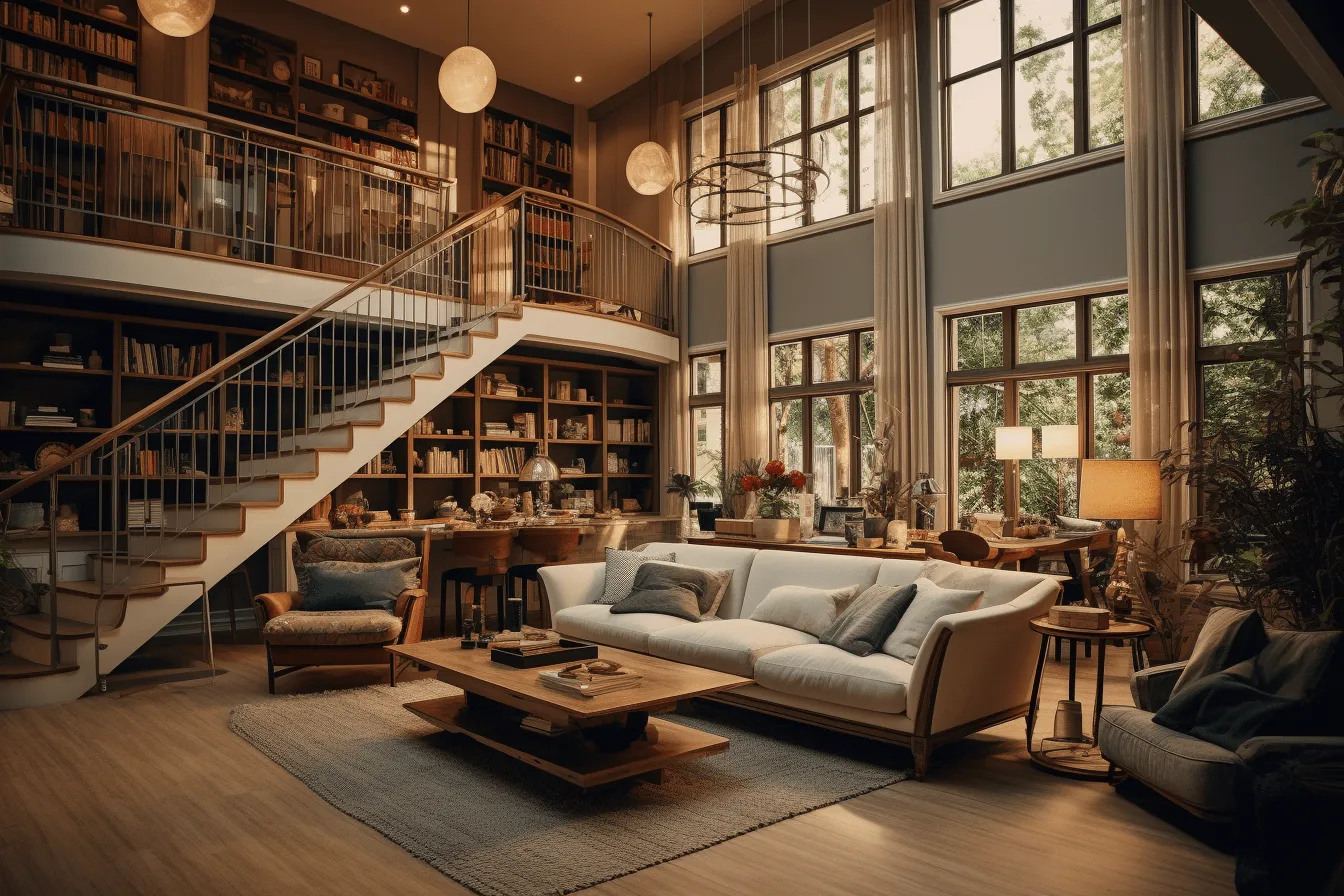 Large living room with a staircase, moody and atmospheric, high detailed, bibliopunk, utilizes, soft, romantic scenes, wood, light navy and brown