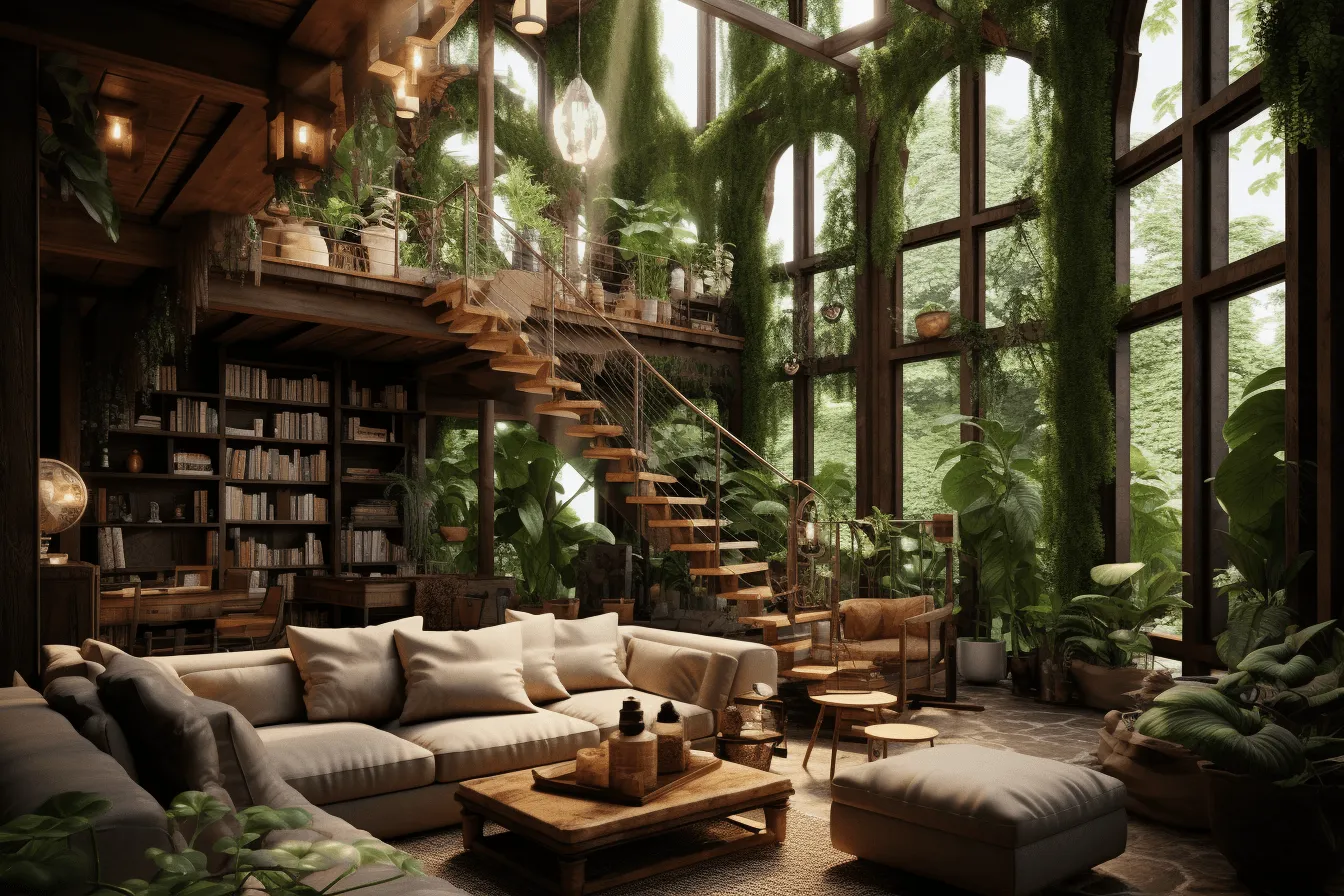 Modern modern living room in a forest setting 3d rendering, romanticized nostalgia, organic architecture, uhd image, unreal engine 5, botanical abundance, rustic renaissance realism, afro-caribbean influence