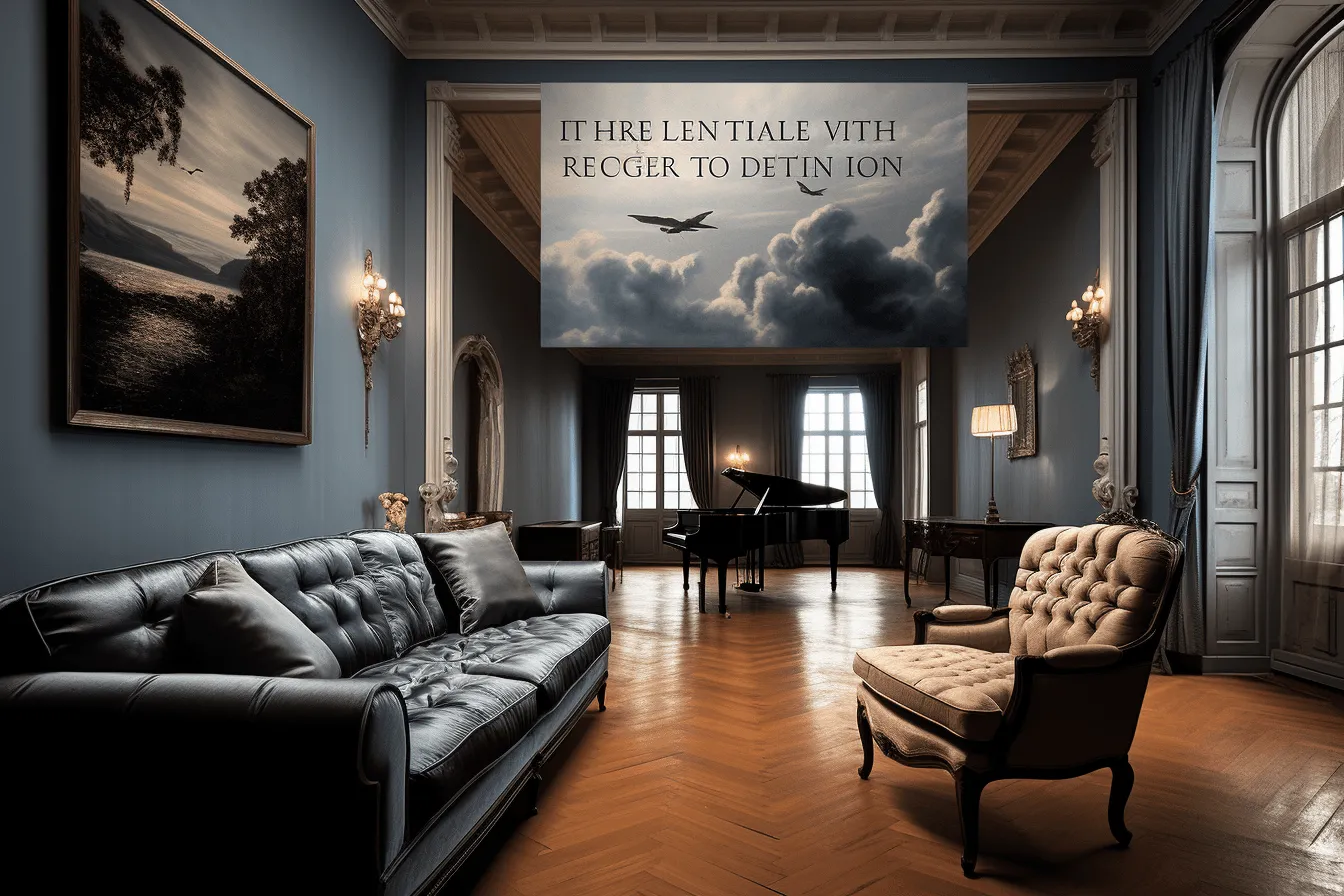 Ceiling is made white, photorealistic surrealism, text-based art, classical academic painting, dark, moody landscape, unreal engine, ad posters, leica r8
