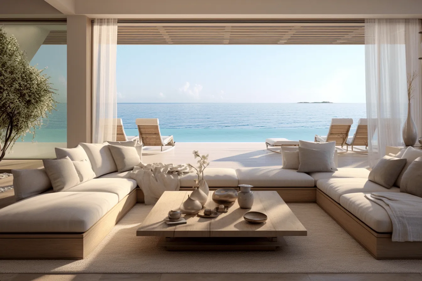 View from the living room with an ocean view, realistic hyper-detailed rendering, light beige and beige, art of tonga, zen-inspired, monochromatic minimalism, flowing draperies, vacation dadcore