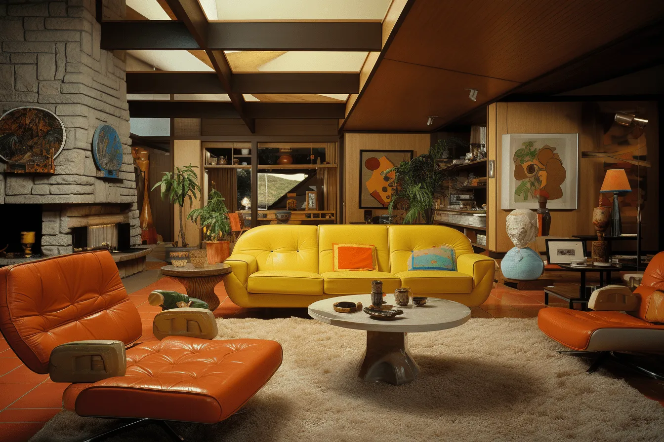 Living room is decorated with a table, two seats, living room, carpet, fireplace and orange, retrofuturism, yellow and brown, hyper-realistic sculptures, flickr, midcentury modern, comic-inspired, lively nature scenes
