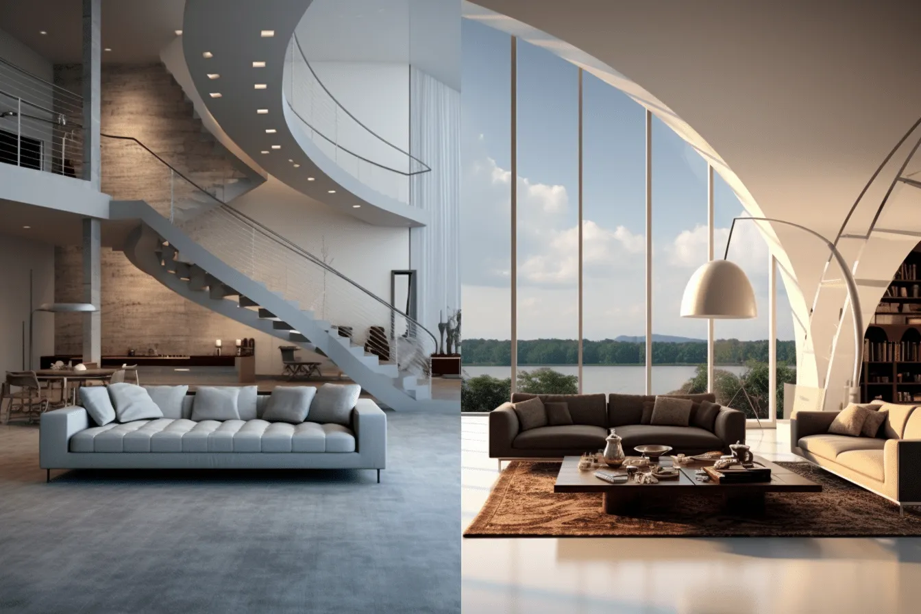 Living room of a house with windows and a stairway, realistic landscapes with soft edges, futuristic glam, narrative diptychs, curvilinear, emotive lighting, detailed marine views, light gray and dark amber